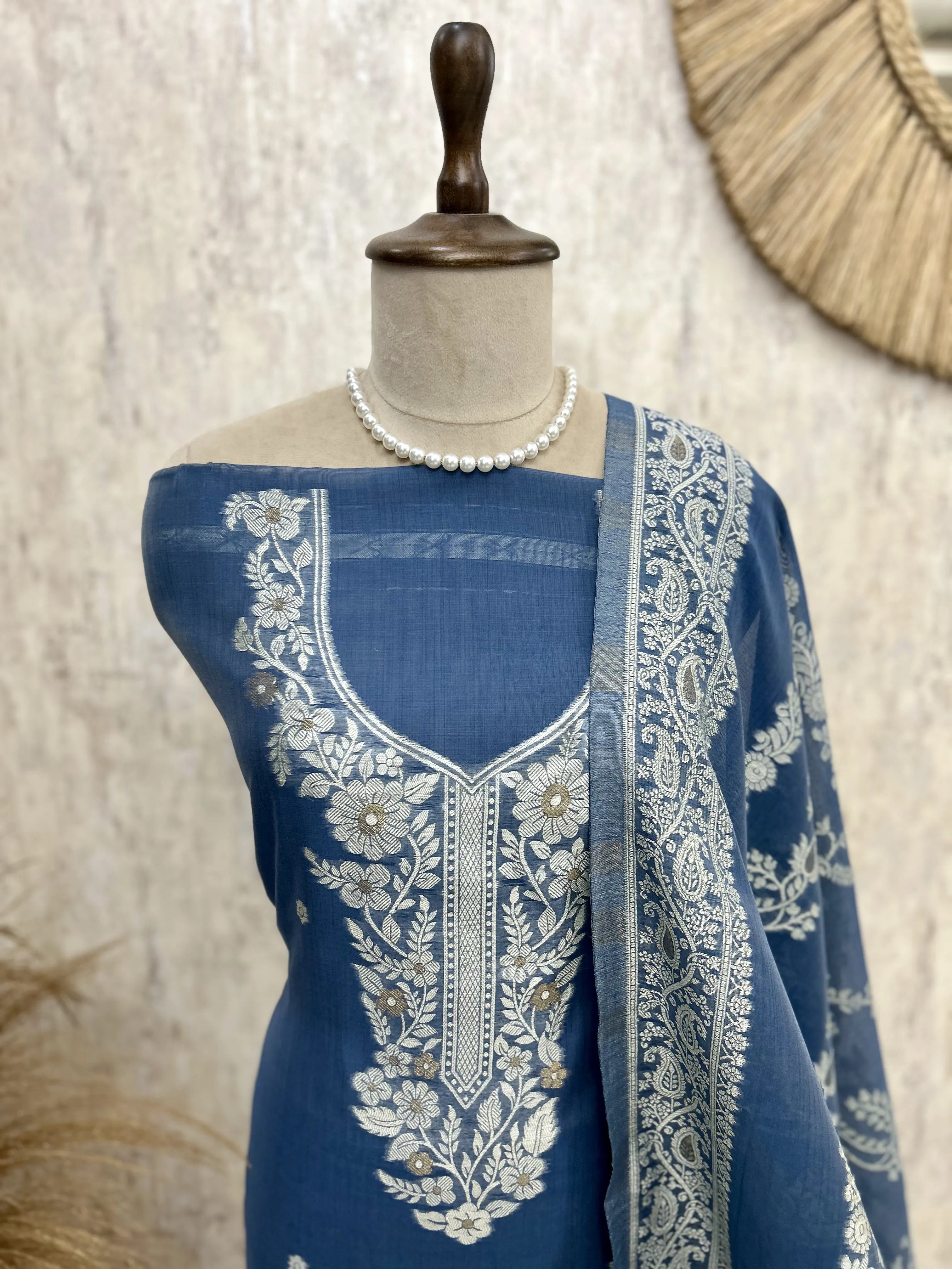 Indigo Unstitched Suit Set Featuring Zari Work On Neckline