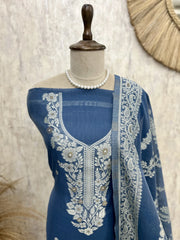 Indigo Unstitched Suit Set Featuring Zari Work On Neckline
