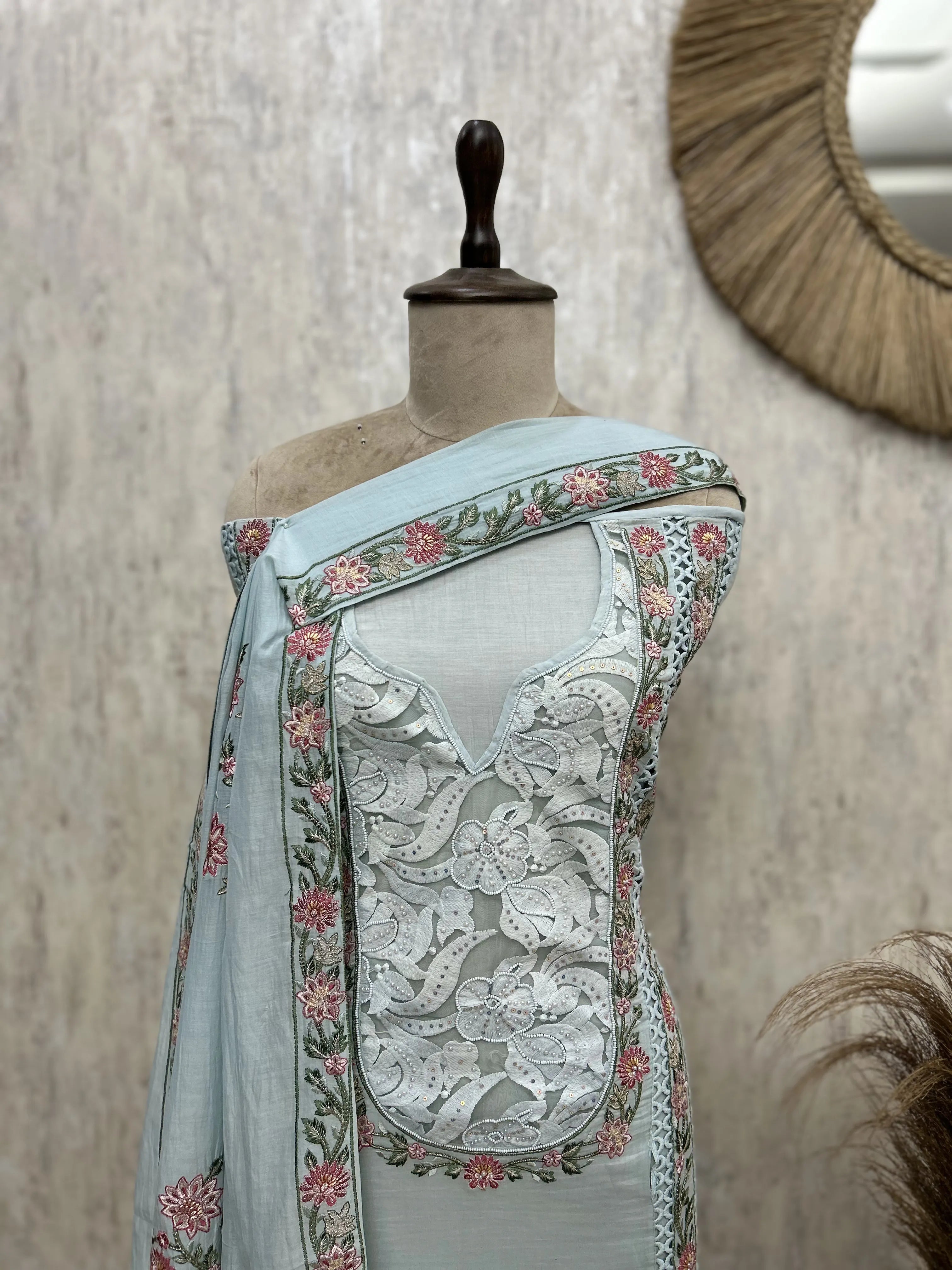 Pastel Floral Embroidered Mul cotton Unstitched suit