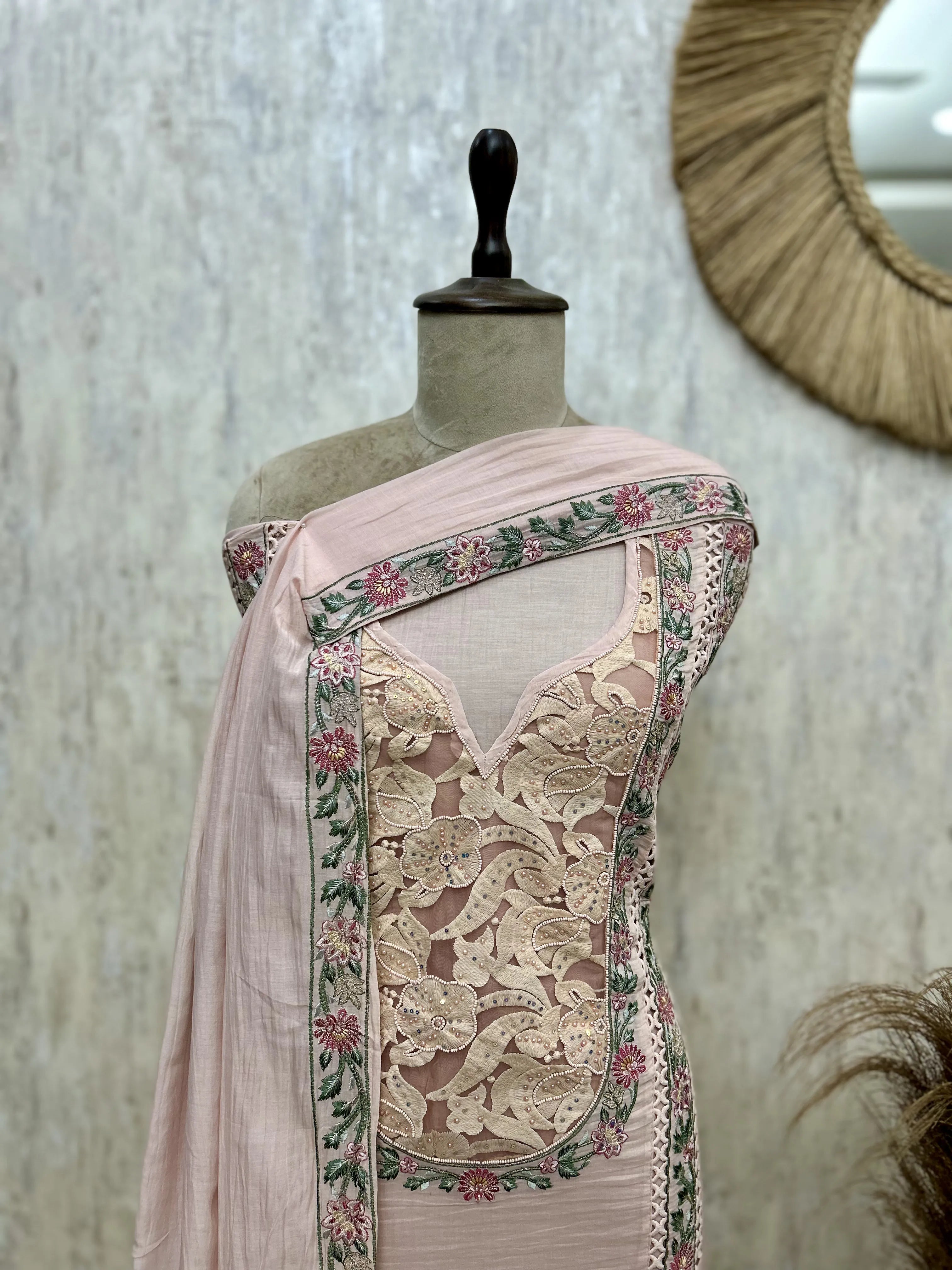 Pastel Floral Embroidered Mul cotton Unstitched suit