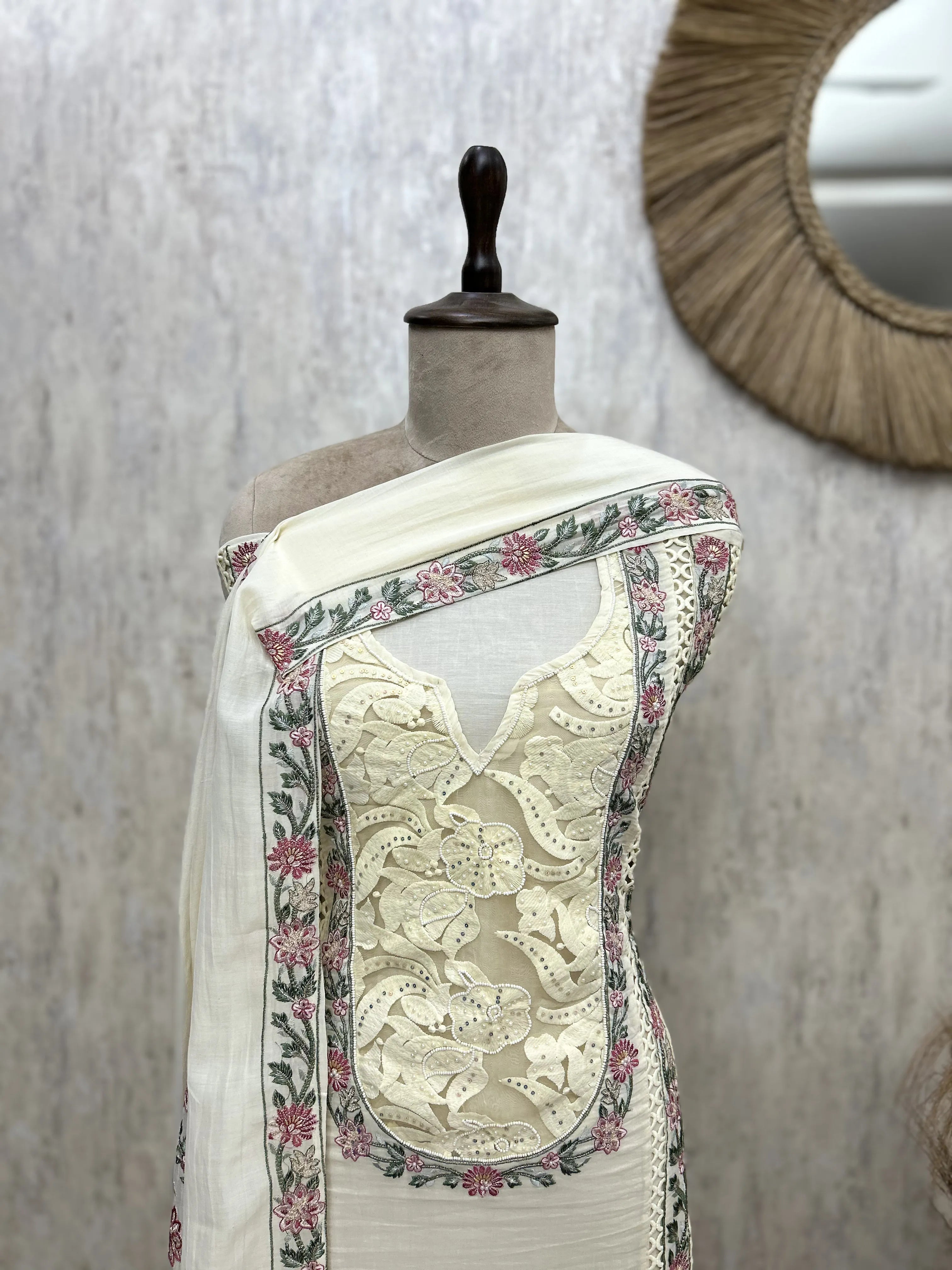 Pastel Floral Embroidered Mul cotton Unstitched suit