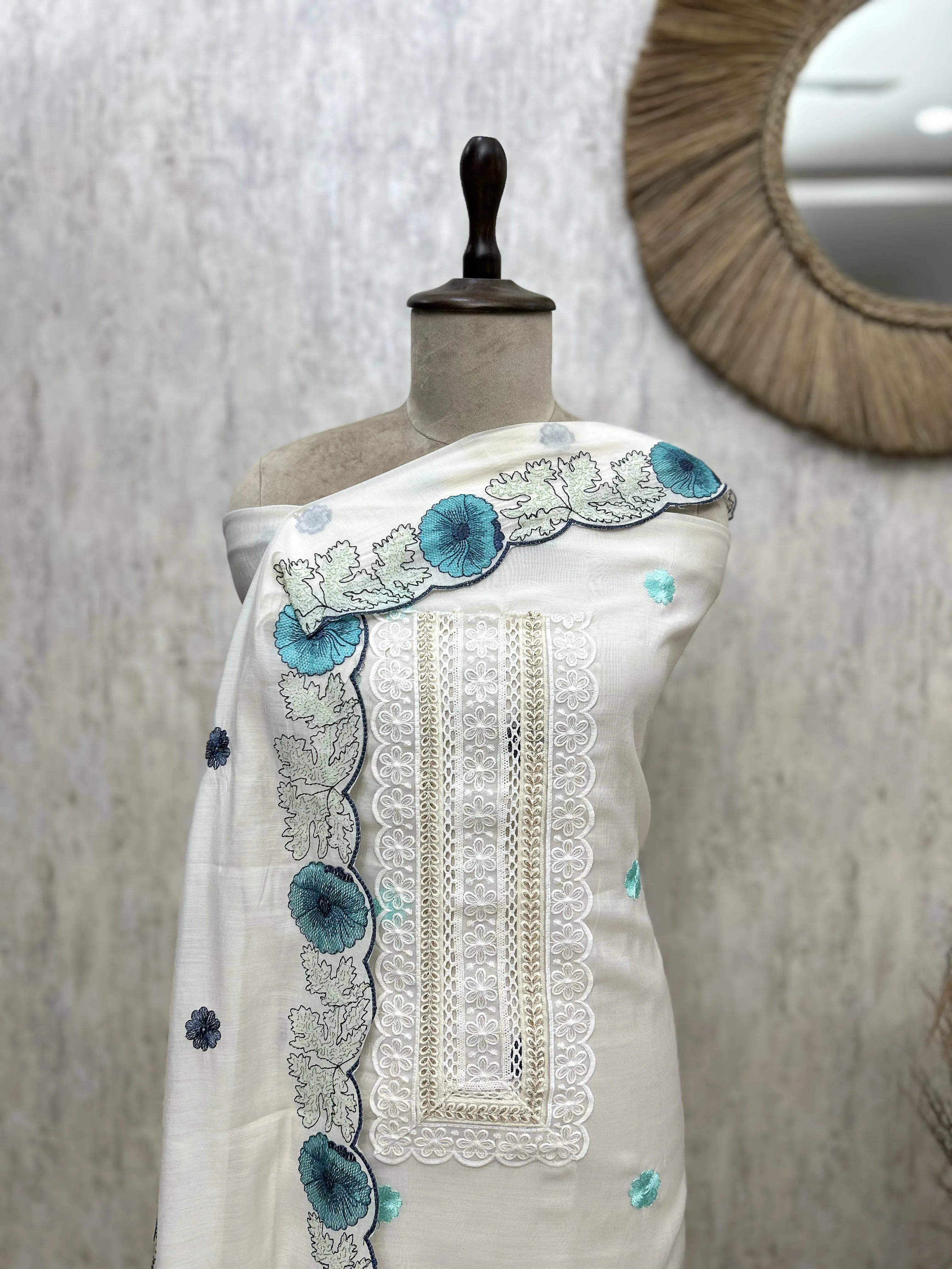 Blue Floral Mul chanderi Unstitched suit