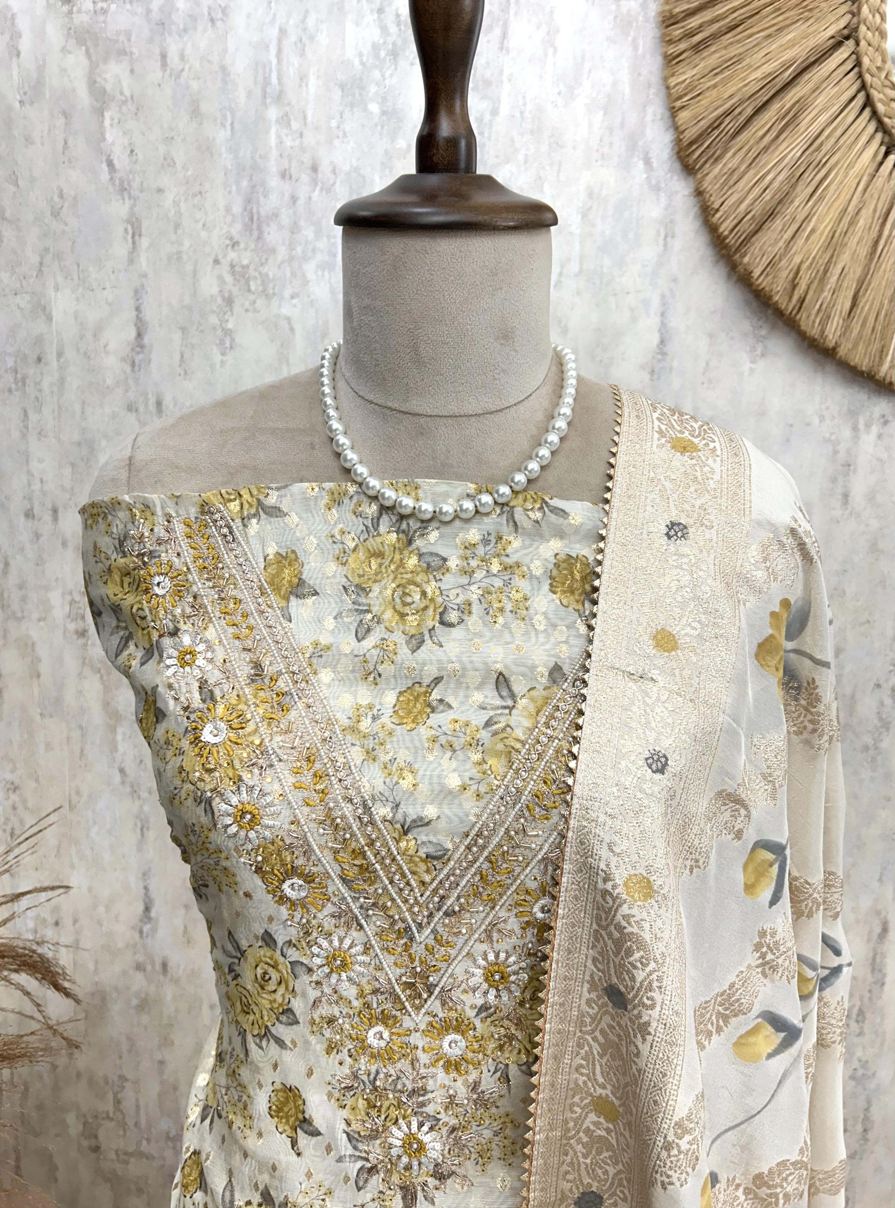 Pearl Work Neckline Maheshwari Unstitched Suit Set