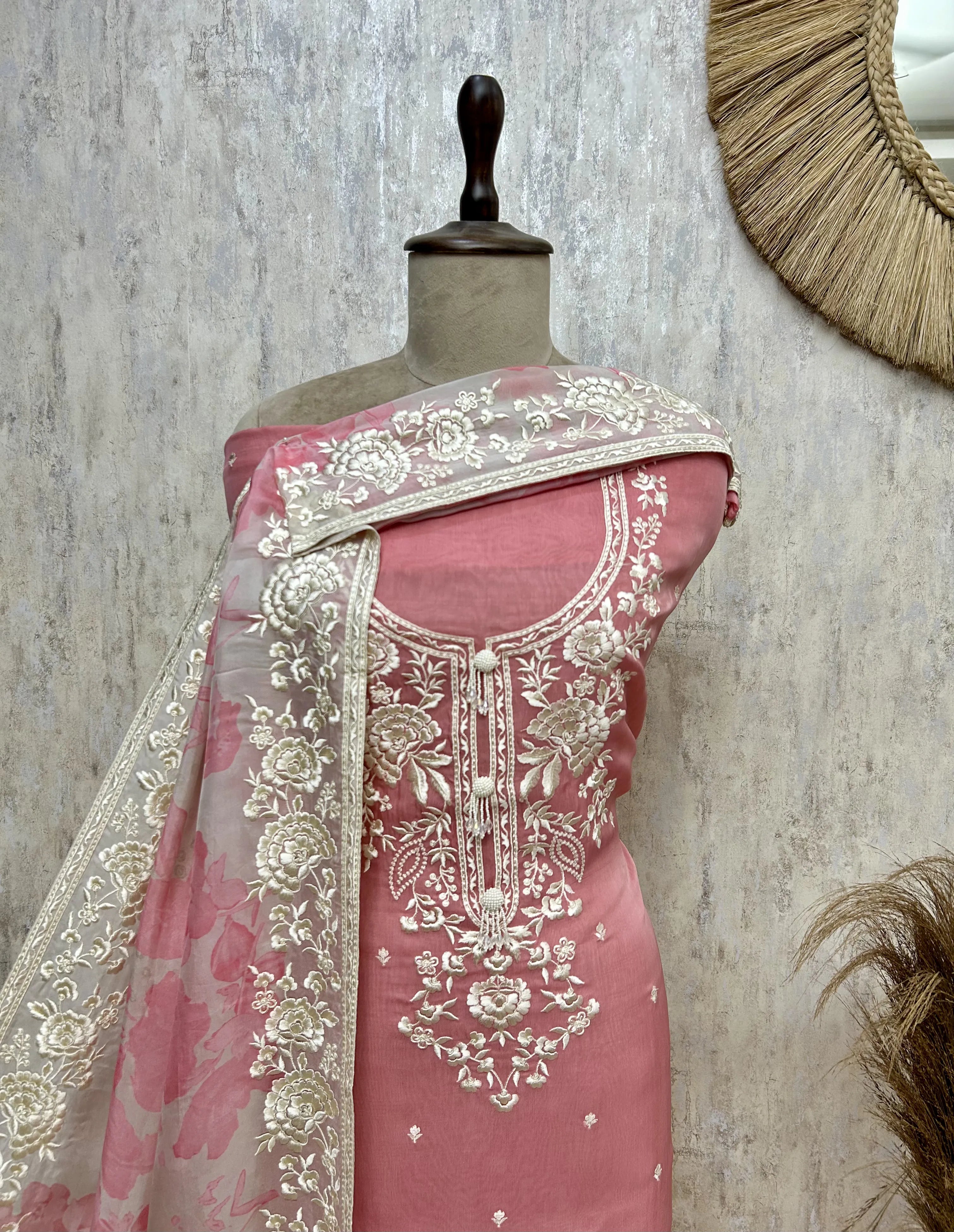 Olive Embroidered Elegance Organza Unstitched suit