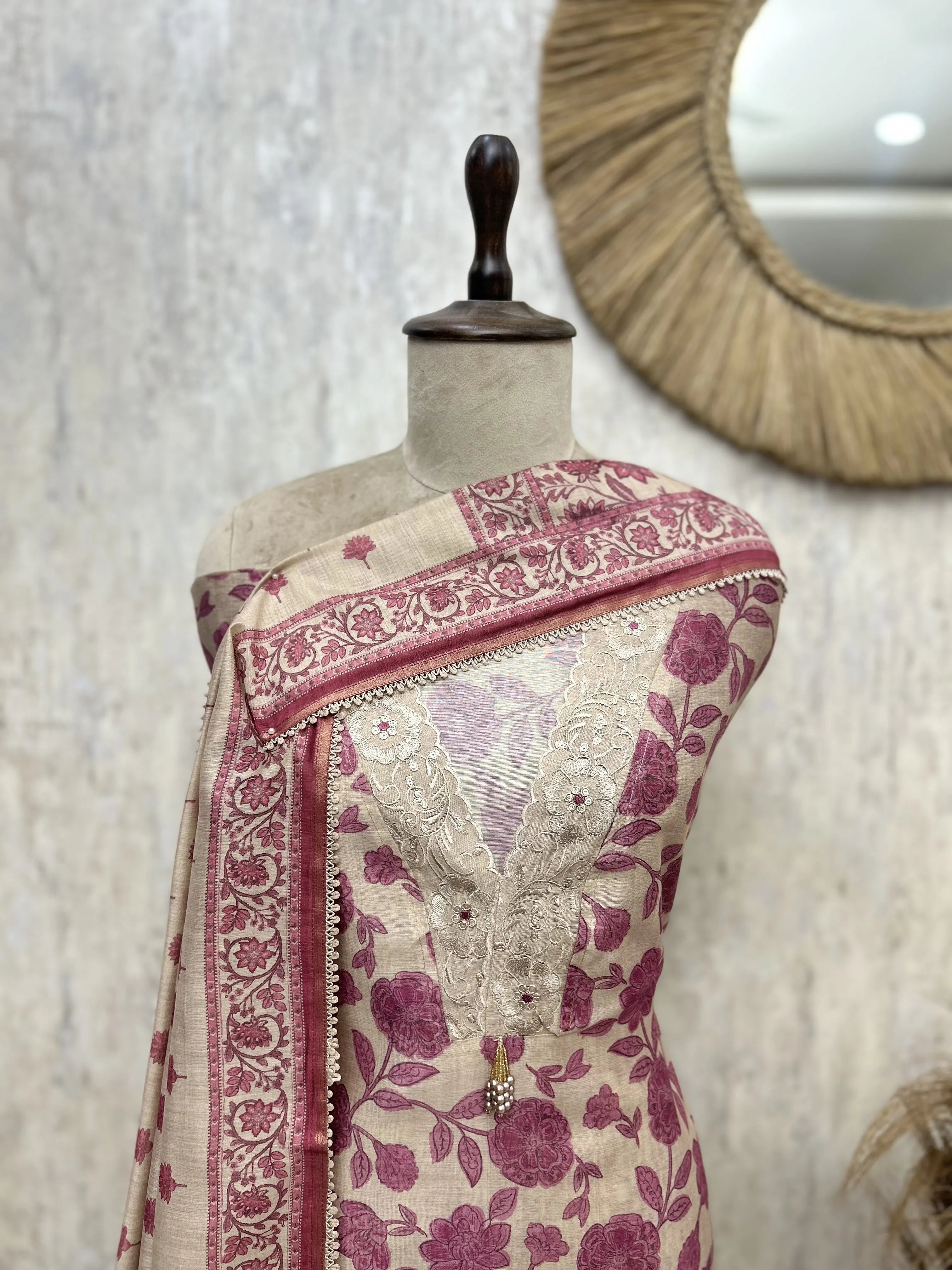Beige Floral Heritage Maheshwari Unstitched suit