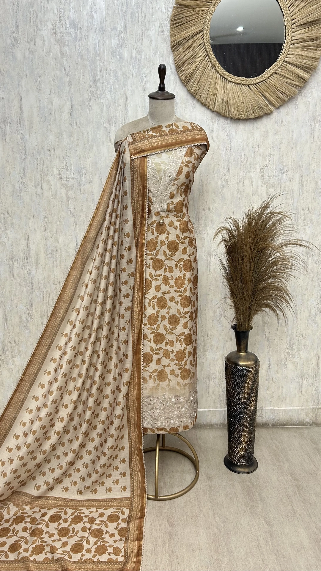 Beige Floral Heritage Maheshwari Unstitched suit