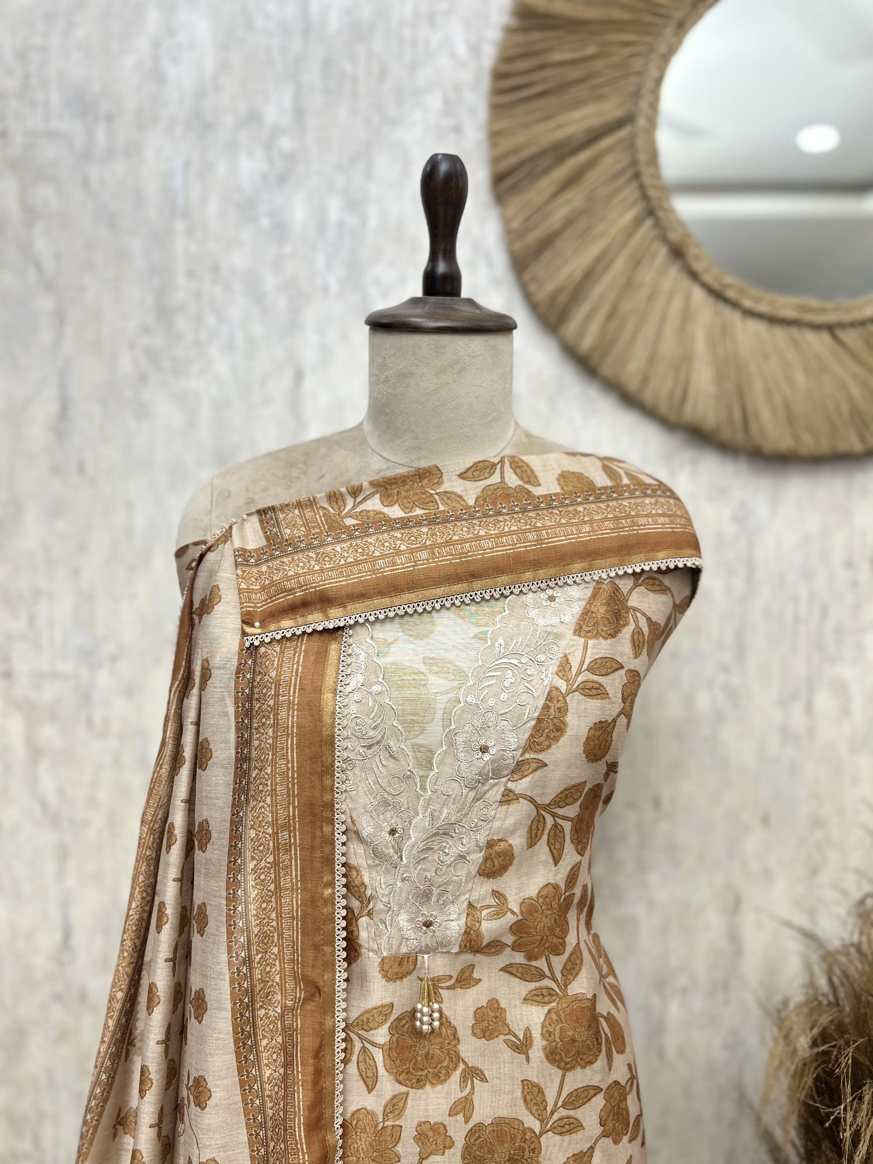 Beige Floral Heritage Maheshwari Unstitched suit