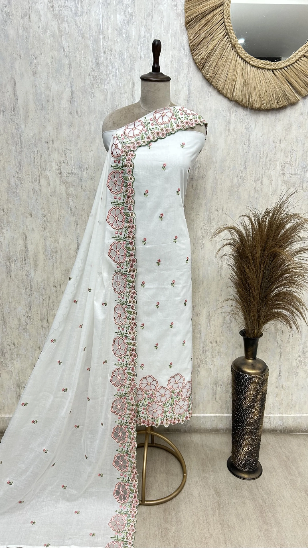 White Blossom Mul chanderi Embroidered Suit