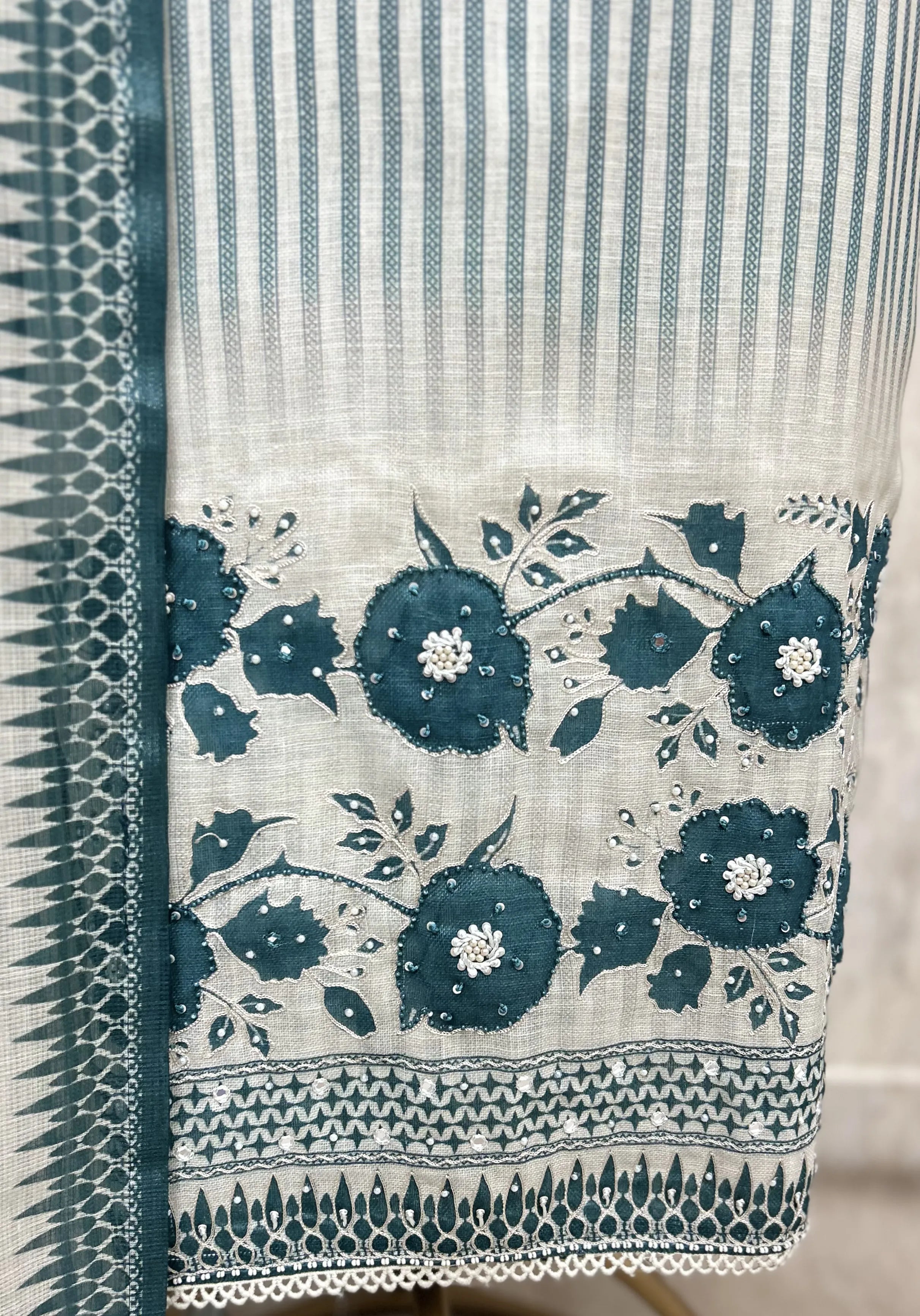 Teal Striped Elegance Unstitched suit