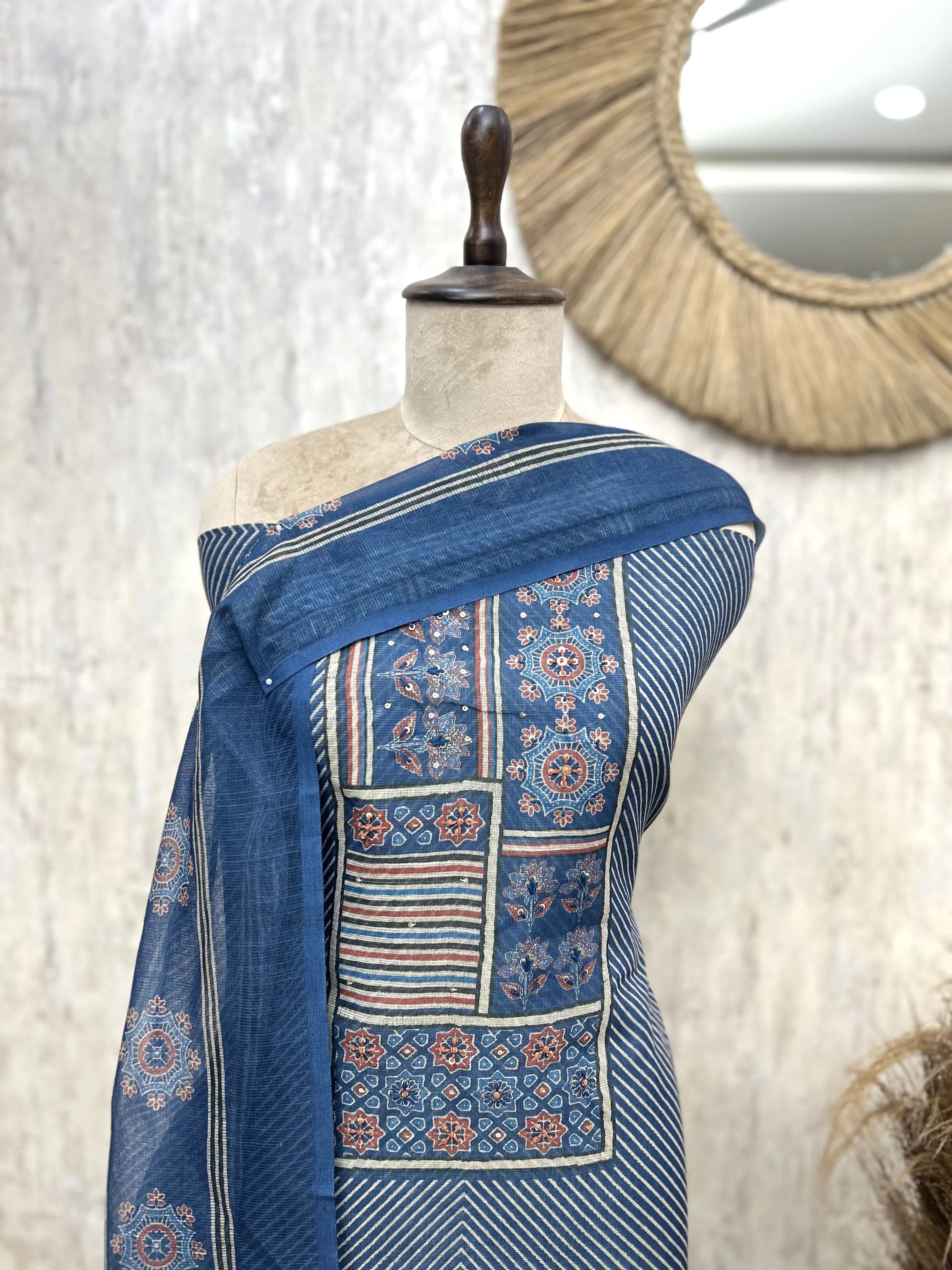 Rustic Patchwork Linen Unstitched suit