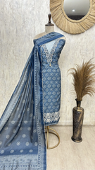 Indigo Floral Elegance linen Unstitched suit