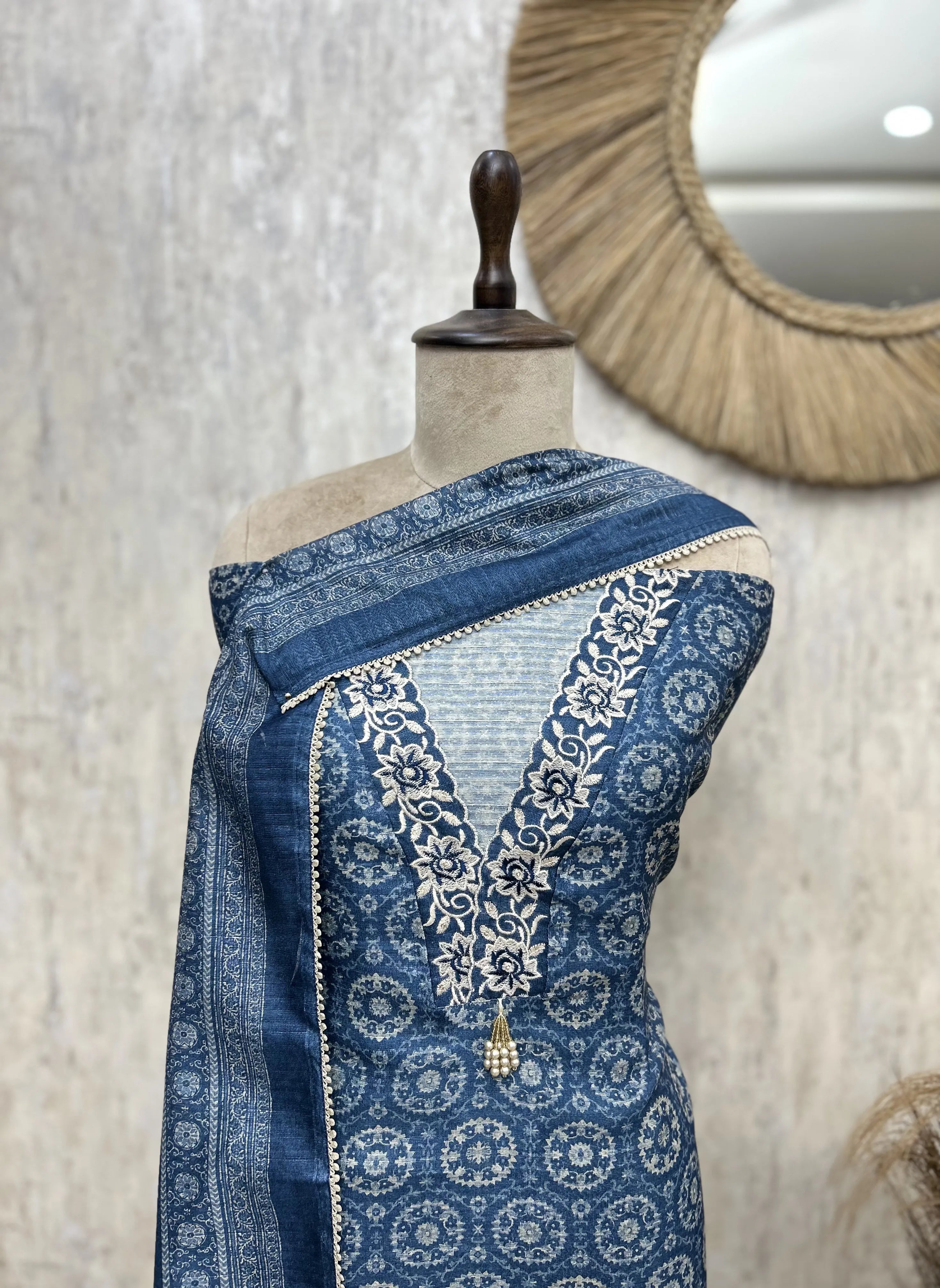 Indigo Floral Elegance linen Unstitched suit