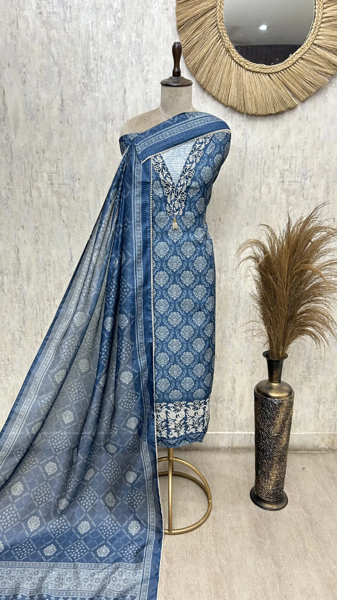 Indigo Floral Elegance linen Unstitched suit
