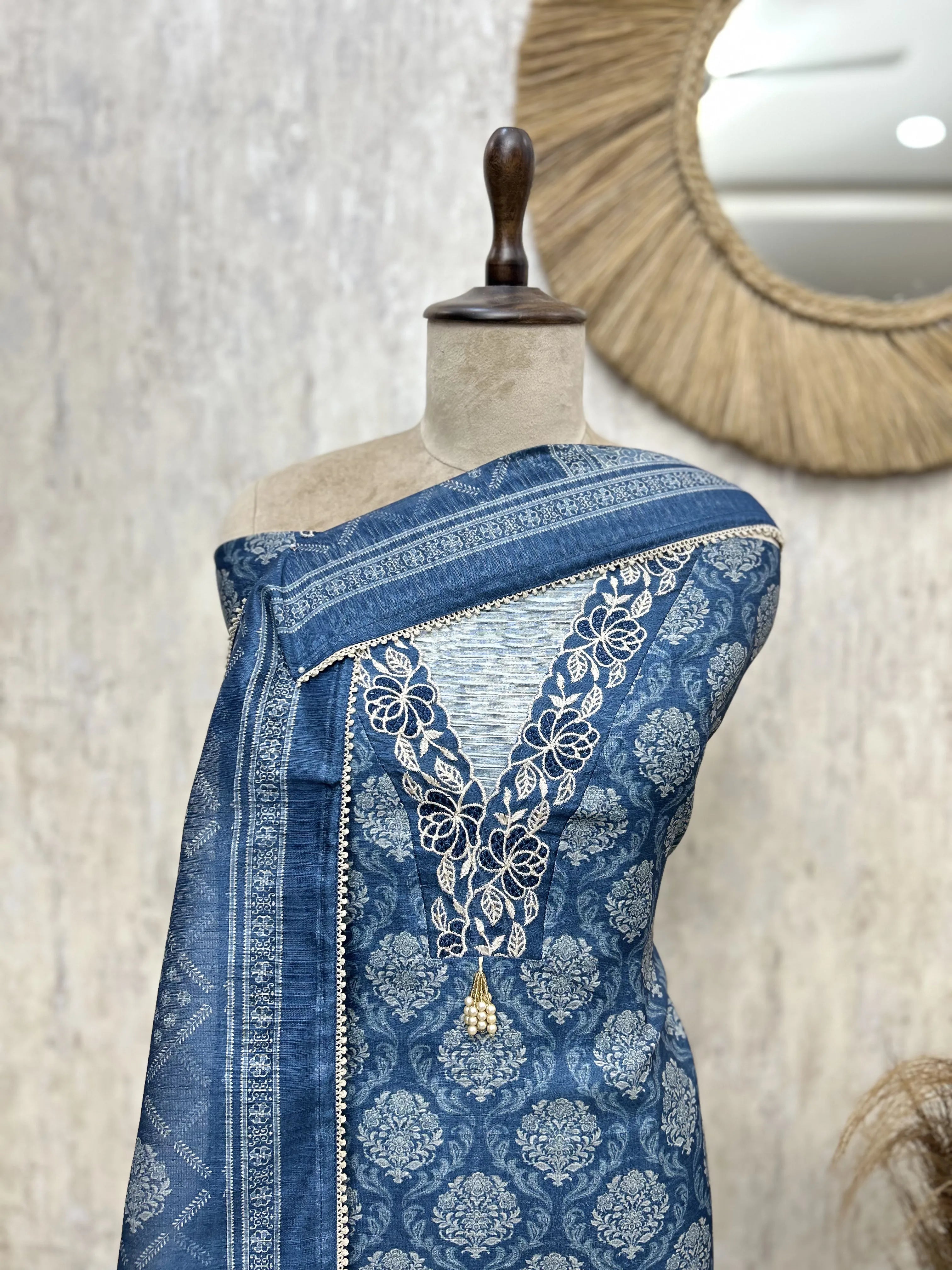 Indigo Floral Elegance linen Unstitched suit