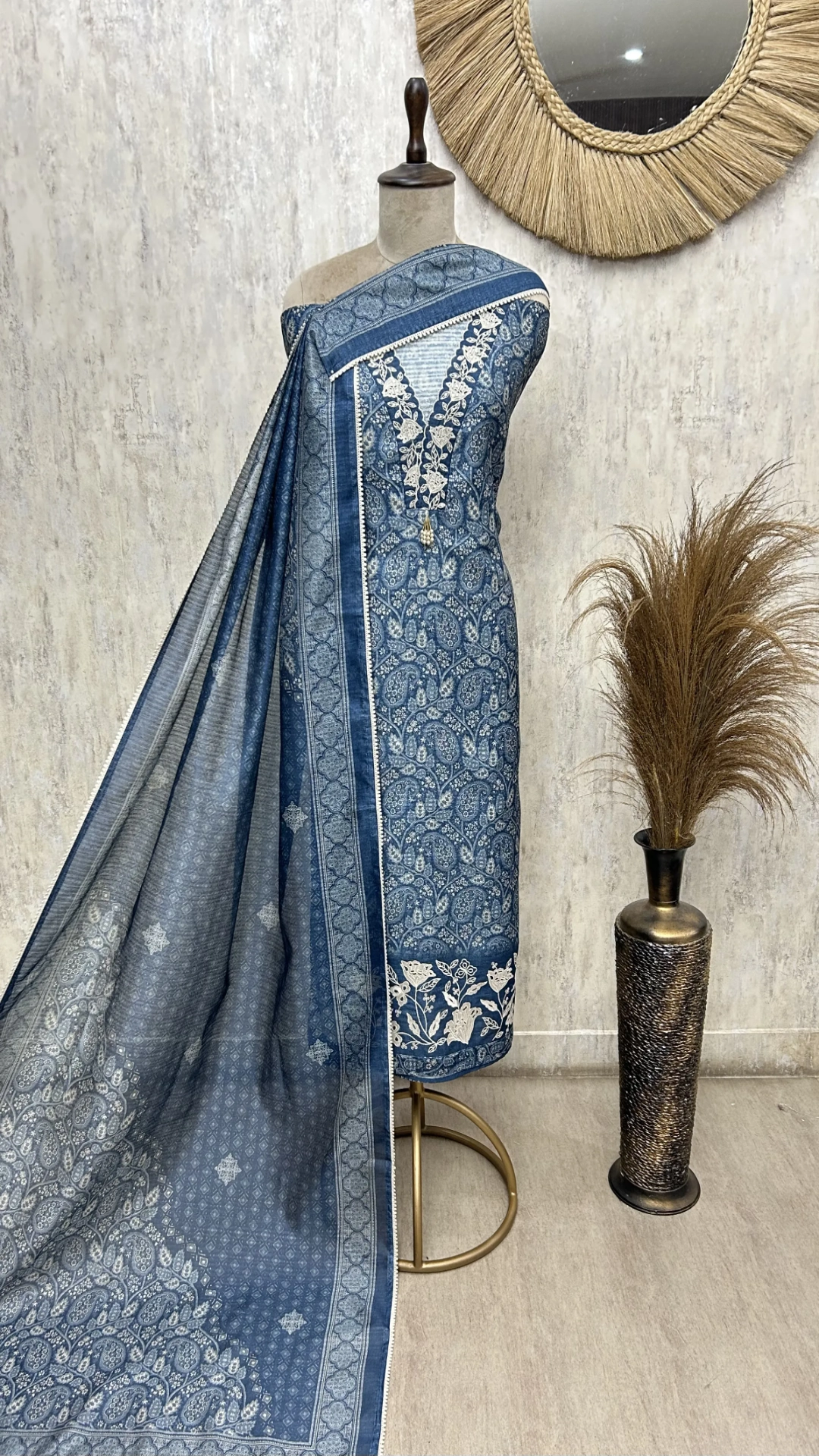 Indigo Floral Elegance linen Unstitched suit