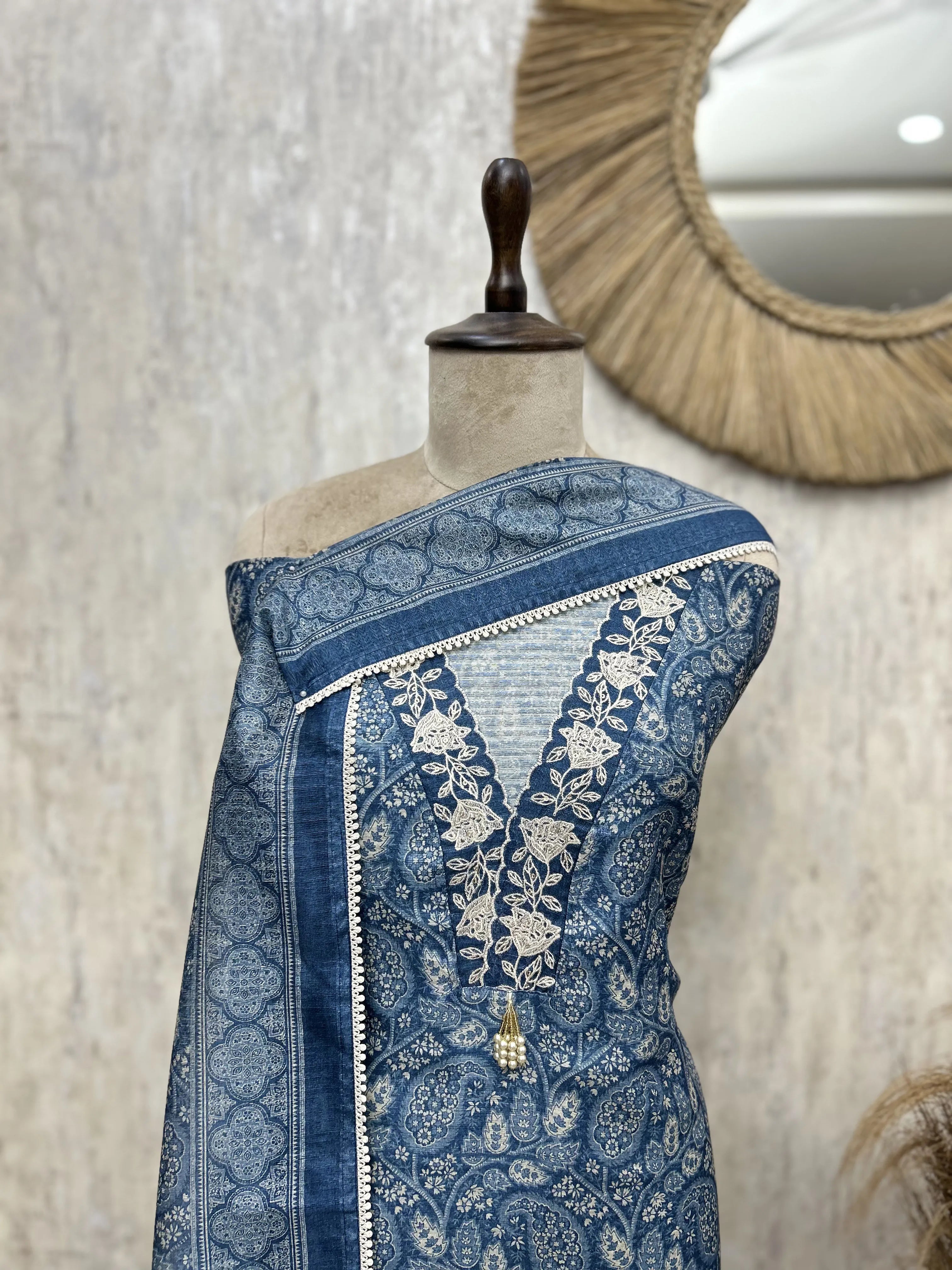 Indigo Floral Elegance linen Unstitched suit