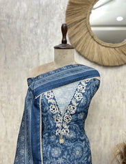 Indigo Floral Elegance linen Unstitched suit