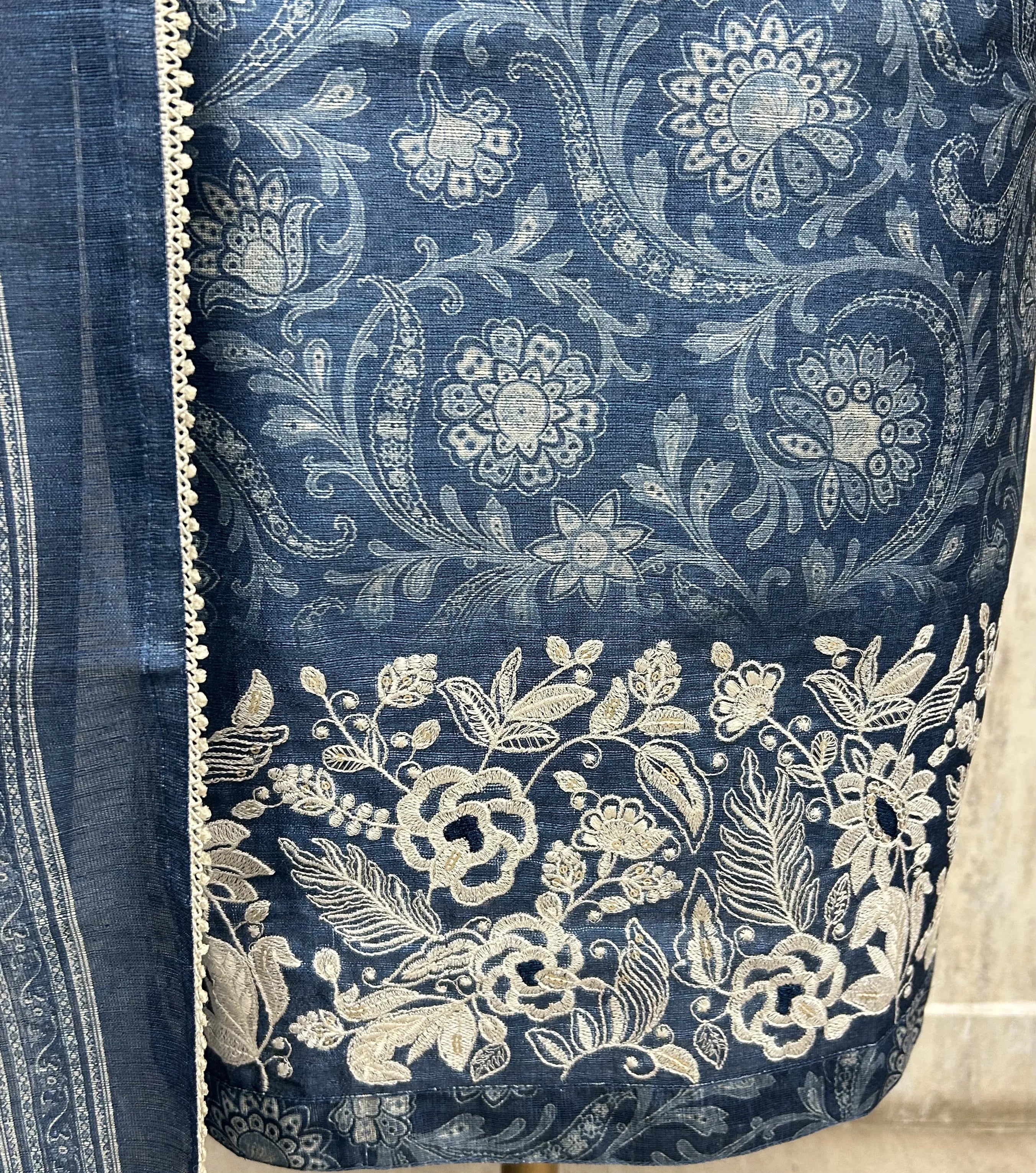 Indigo Floral Elegance linen Unstitched suit
