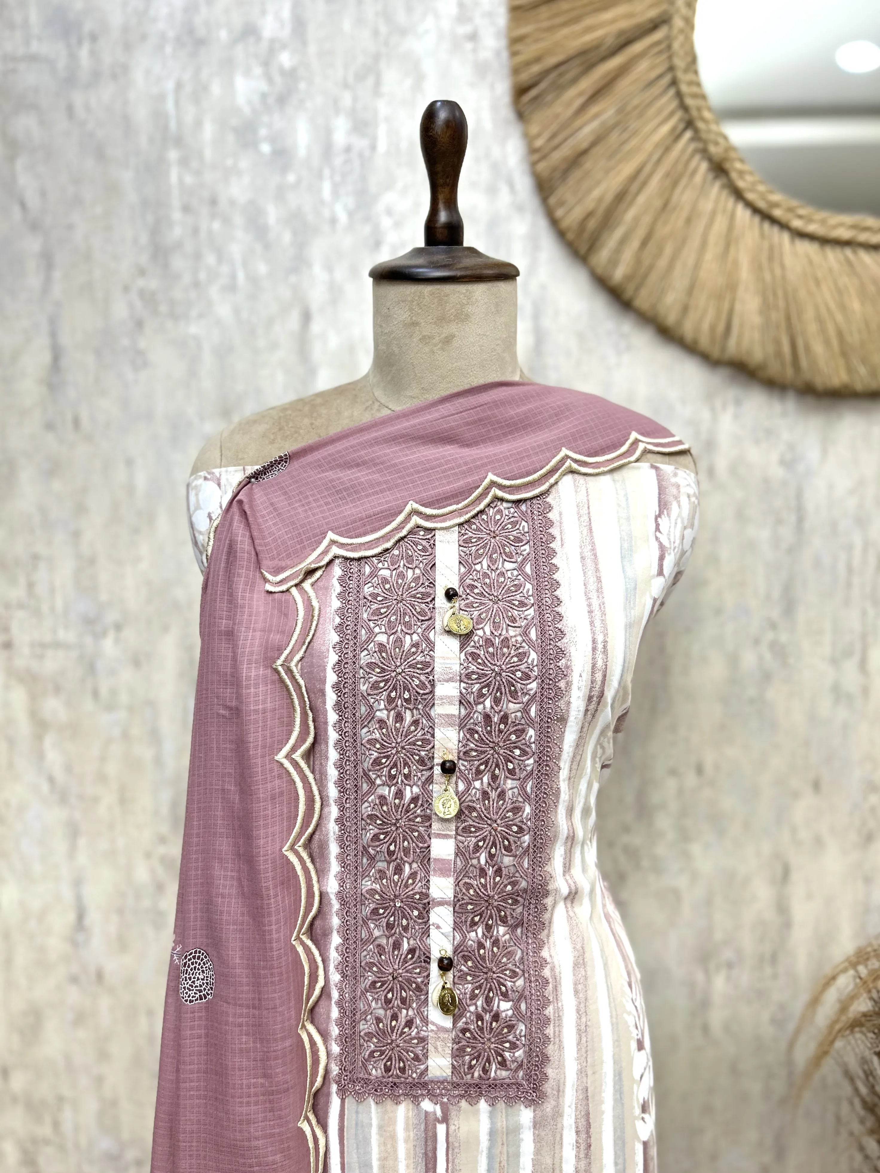 Dusty Rose Embroidered Cotton Unstitched suit