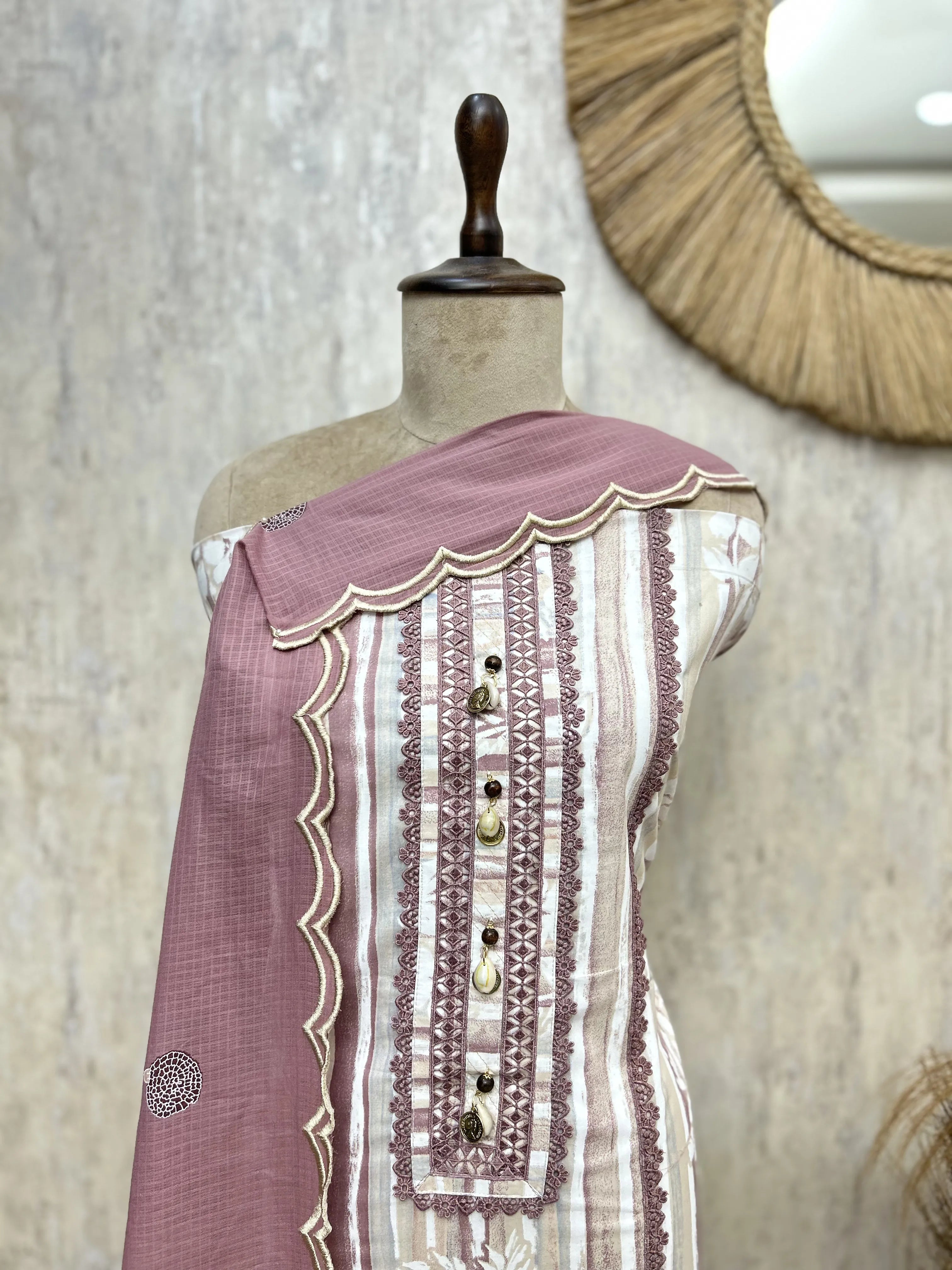 Dusty Rose Embroidered Cotton Unstitched suit