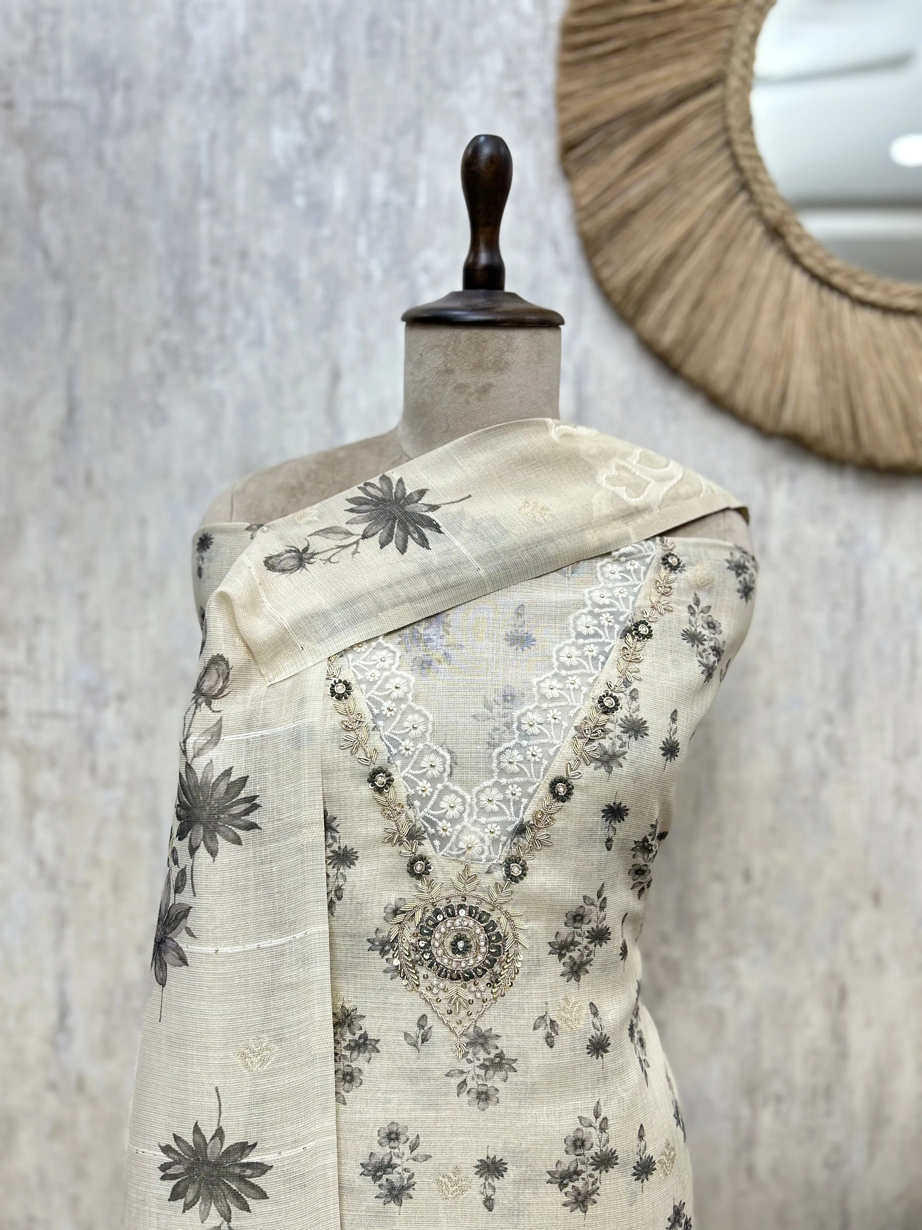 Elegant Ivory Floral Tissue linen Unstitched suit