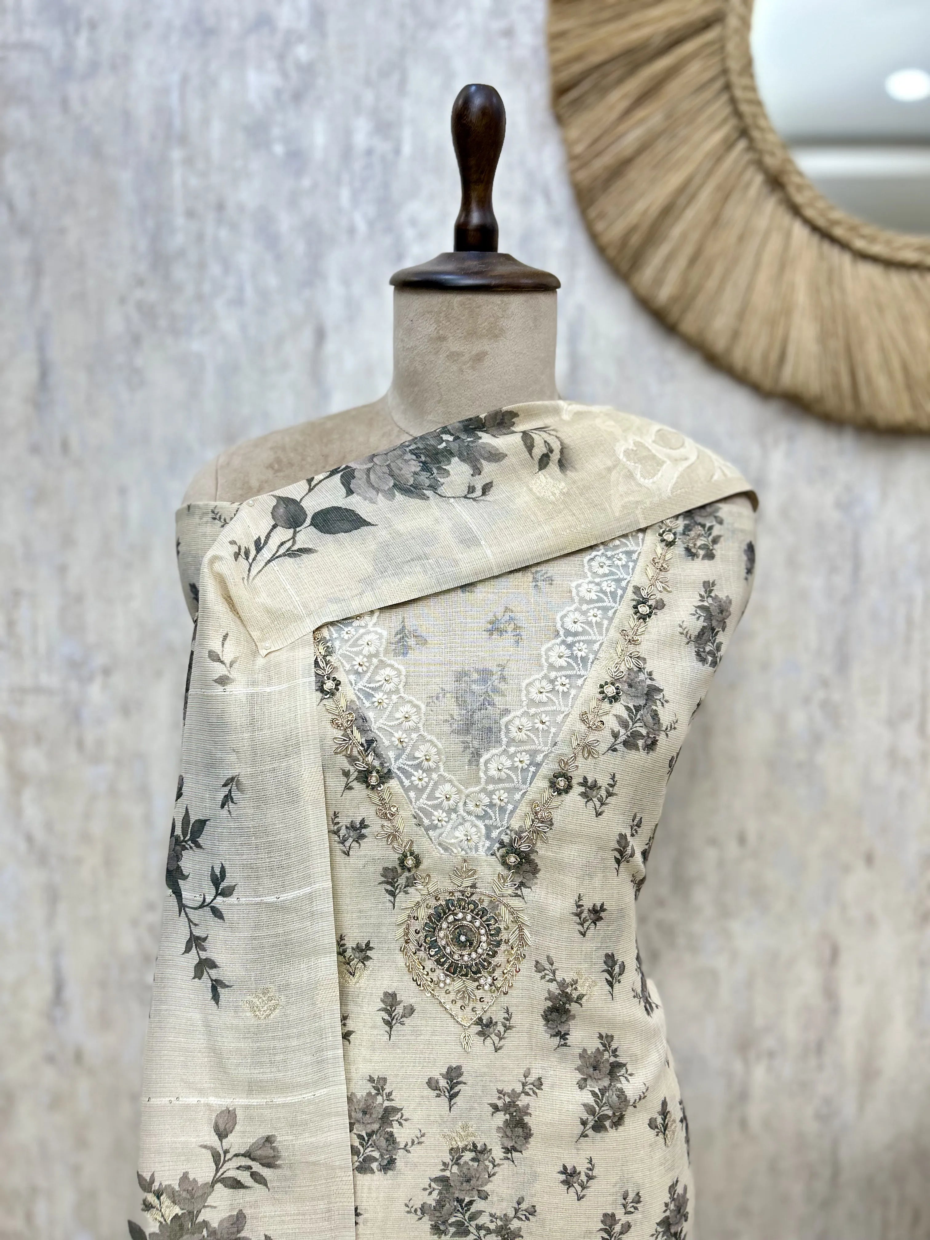 Elegant Ivory Floral Tissue linen Unstitched suit
