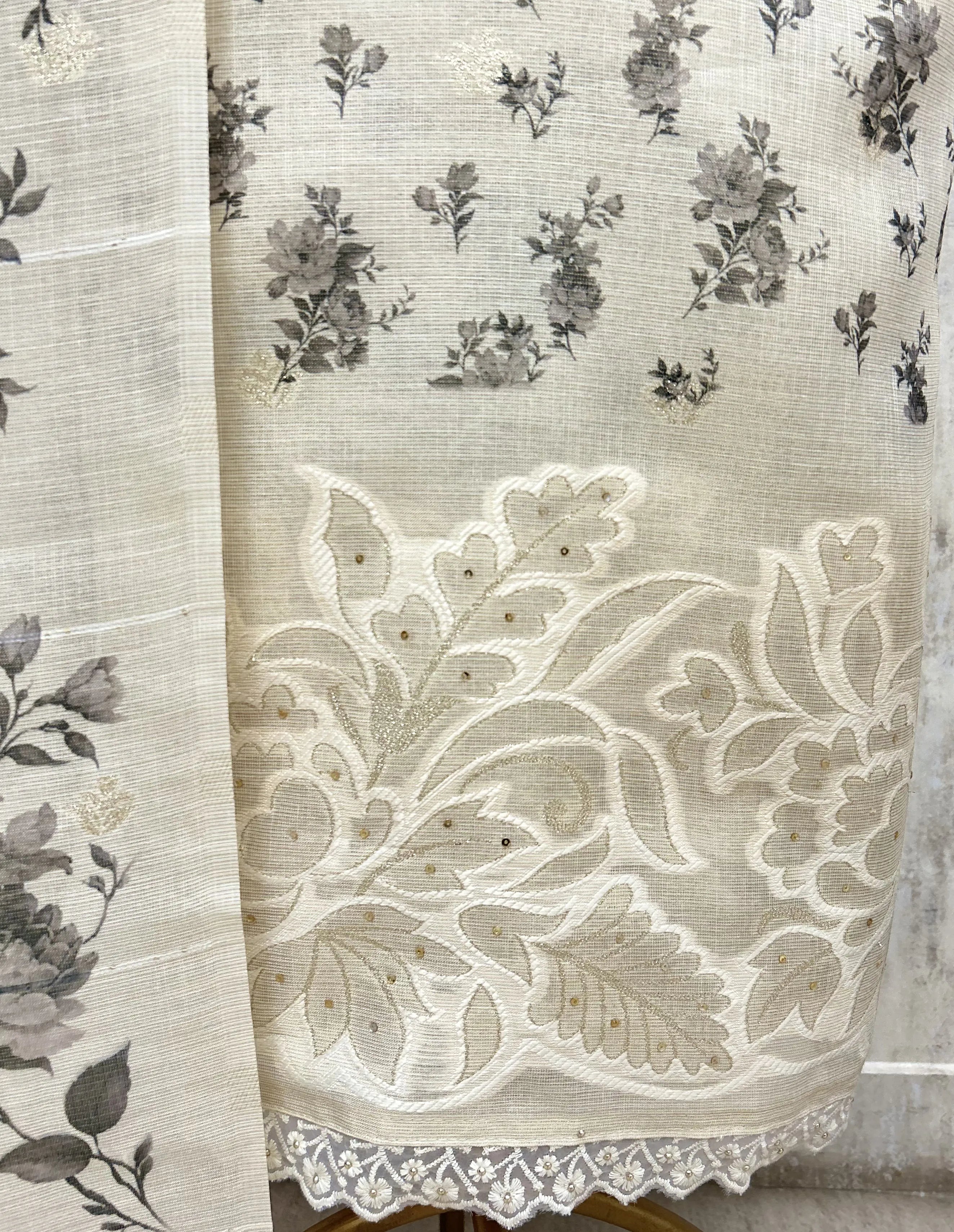 Elegant Ivory Floral Tissue linen Unstitched suit