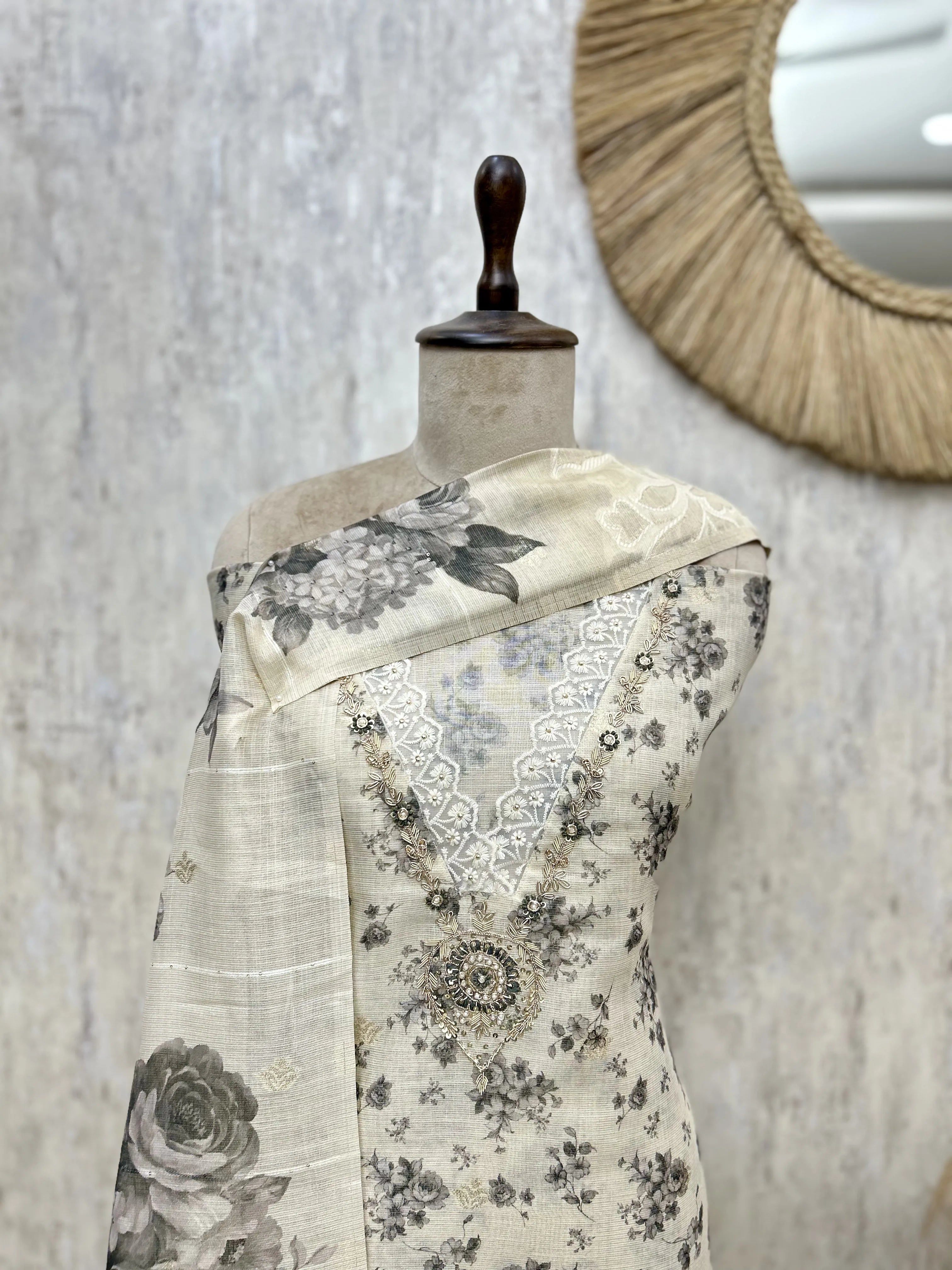 Elegant Ivory Floral Tissue linen Unstitched suit