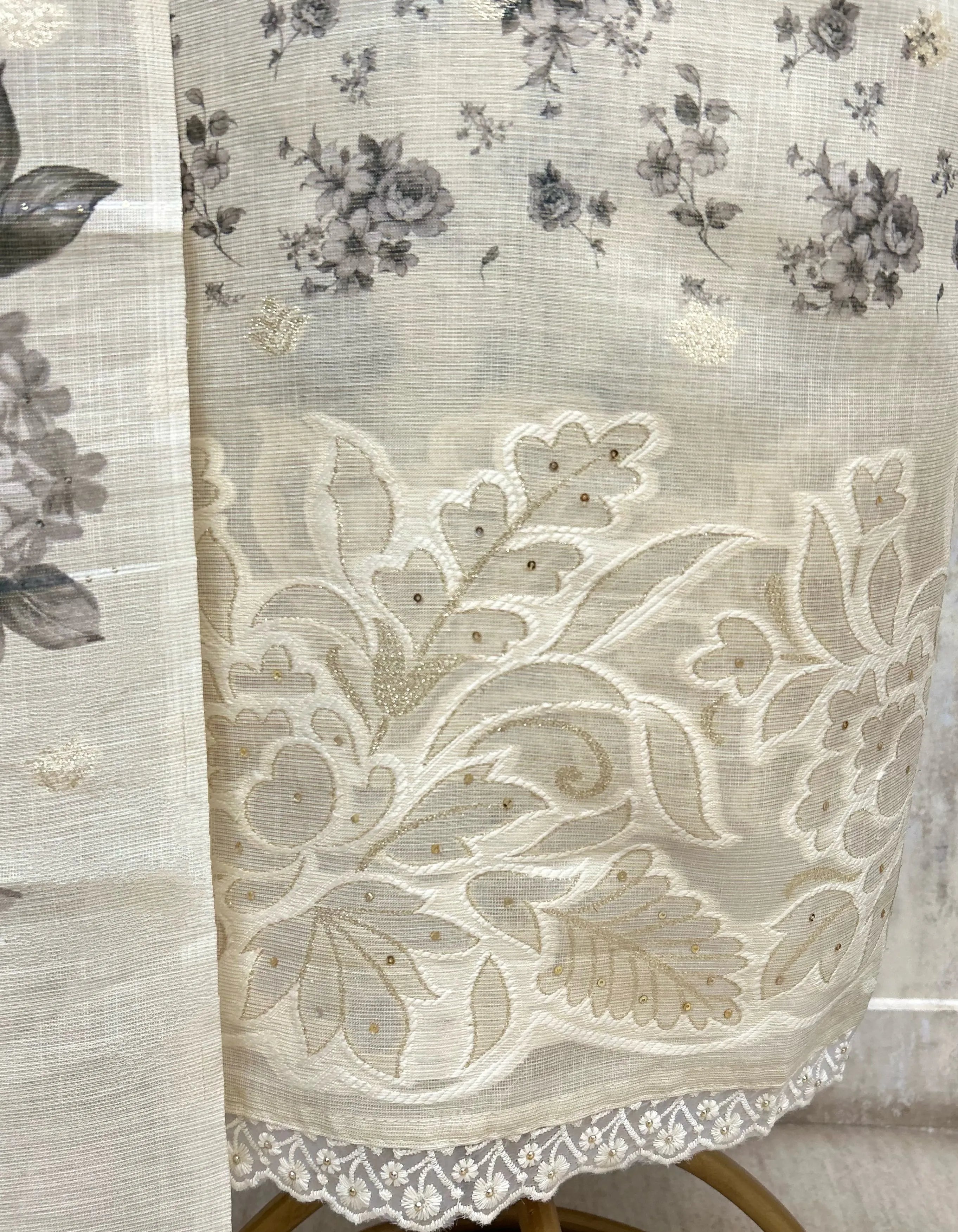 Elegant Ivory Floral Tissue linen Unstitched suit