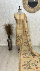 Tissue Linen Unstitched Suit Set with Bird Motif