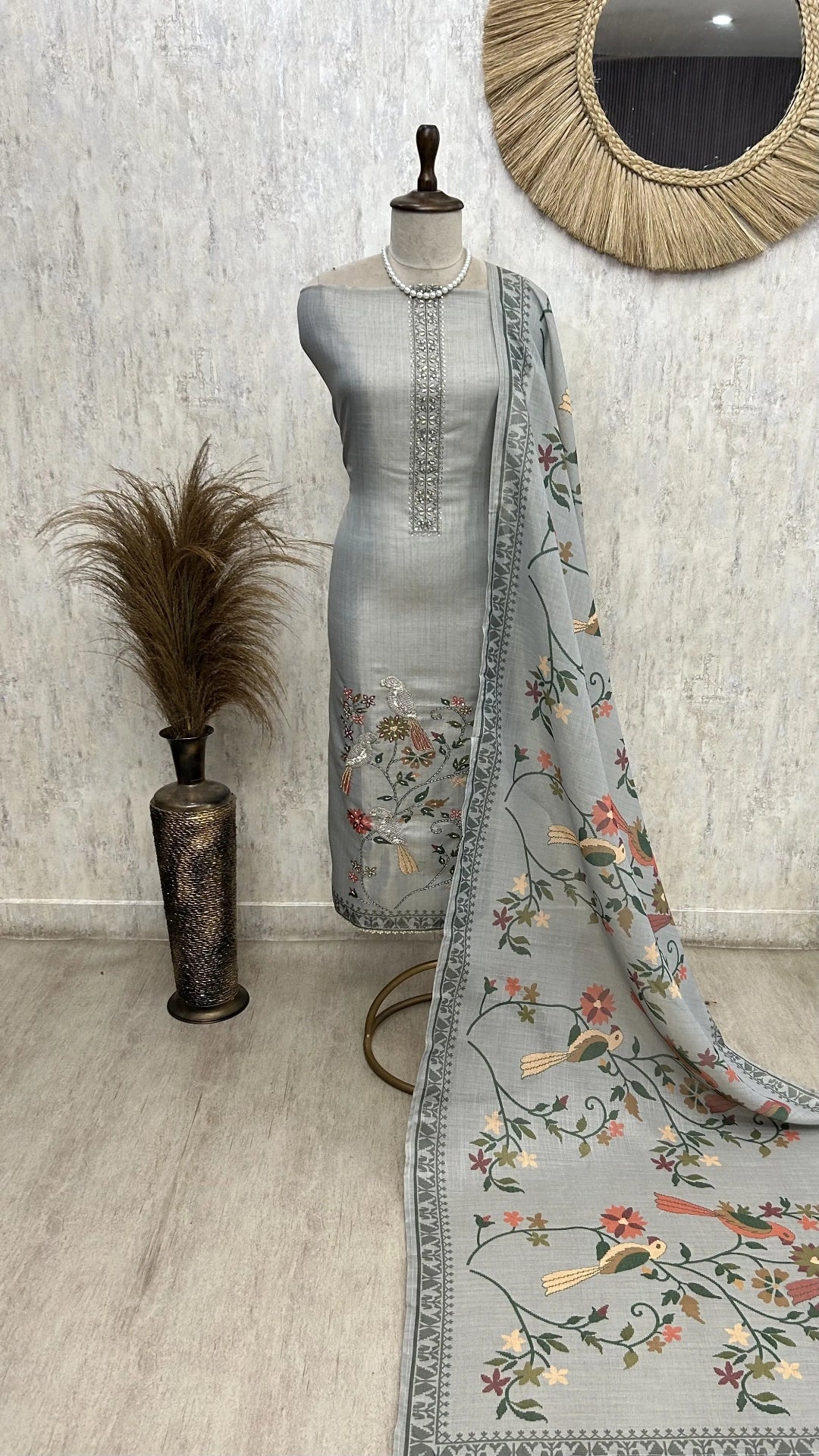Tissue Linen Unstitched Suit Set with Bird Motif