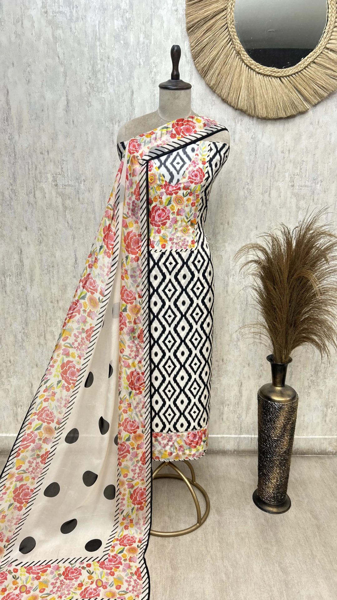 Floral Ikat Fusion Muslin Unstitched suit