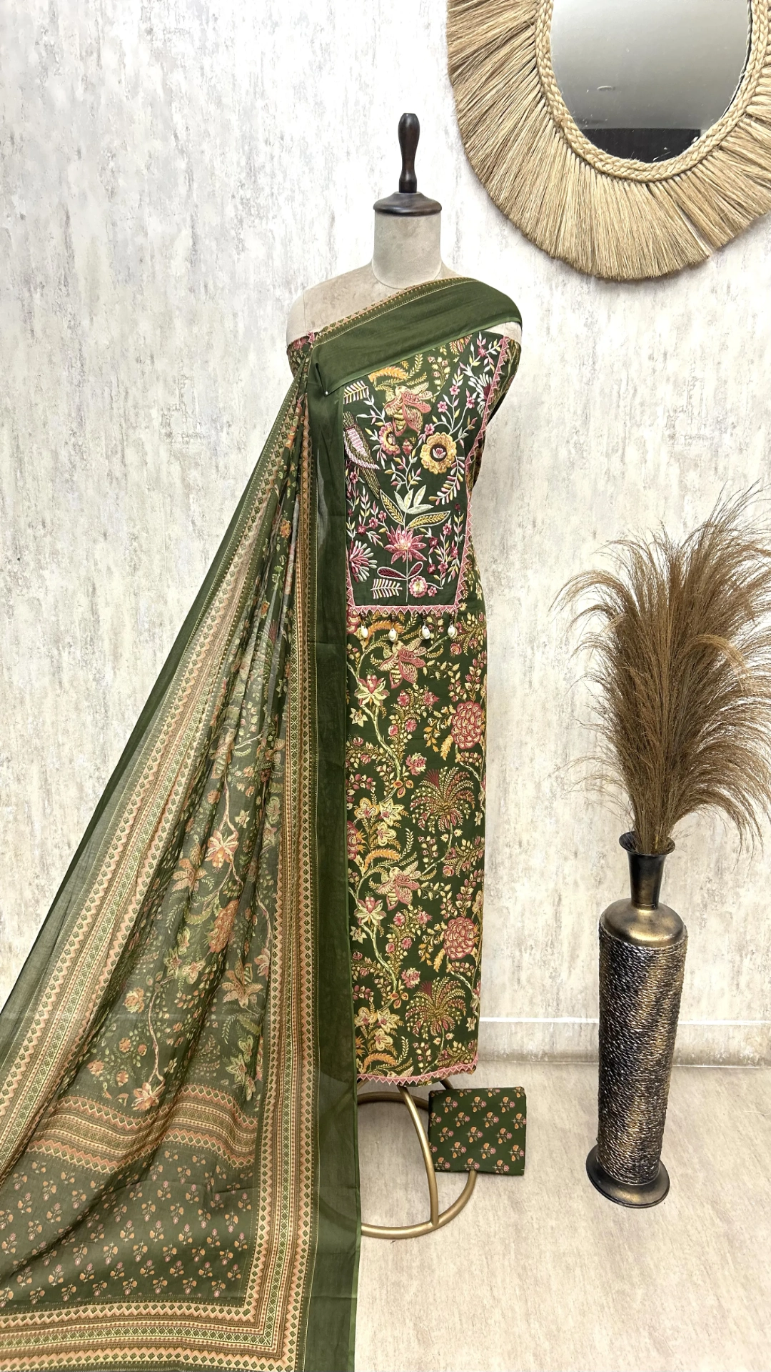 Olive Floral Elegance Cotton Unstitched suit