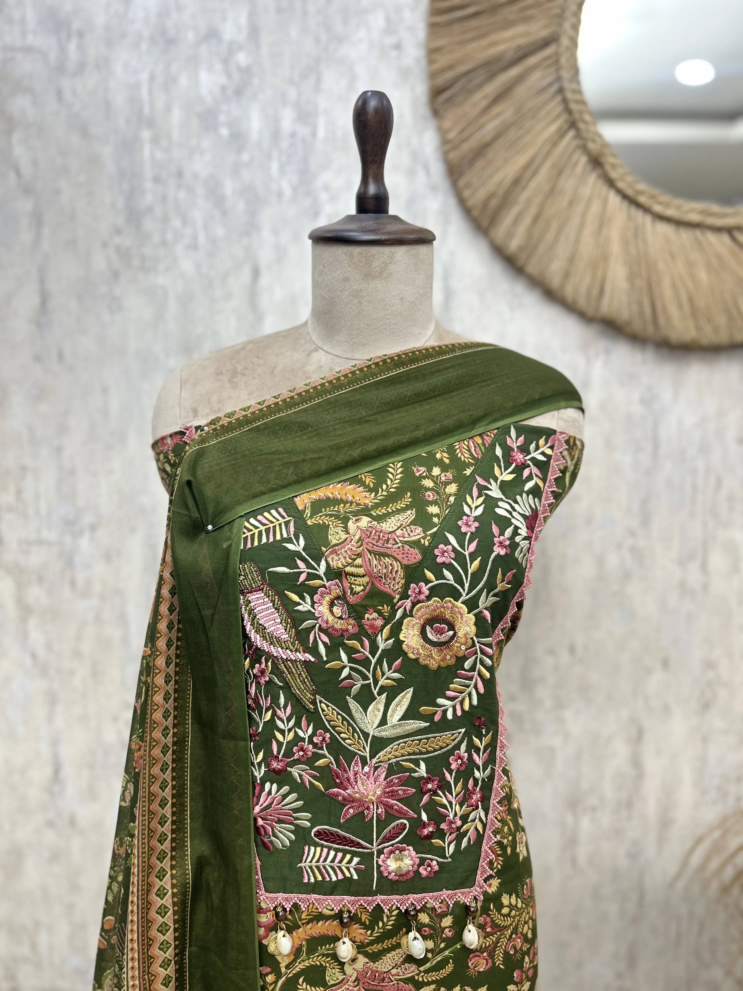 Olive Floral Elegance Cotton Unstitched suit