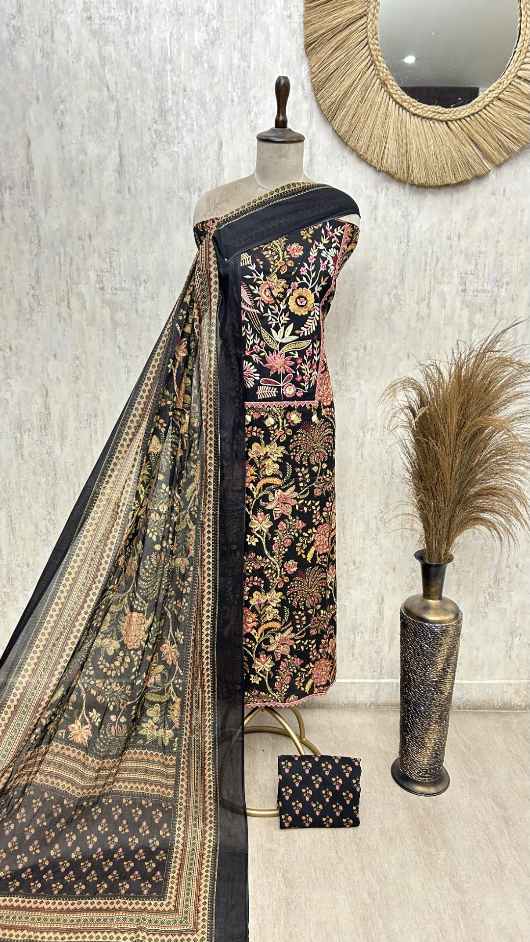 Olive Floral Elegance Cotton Unstitched suit