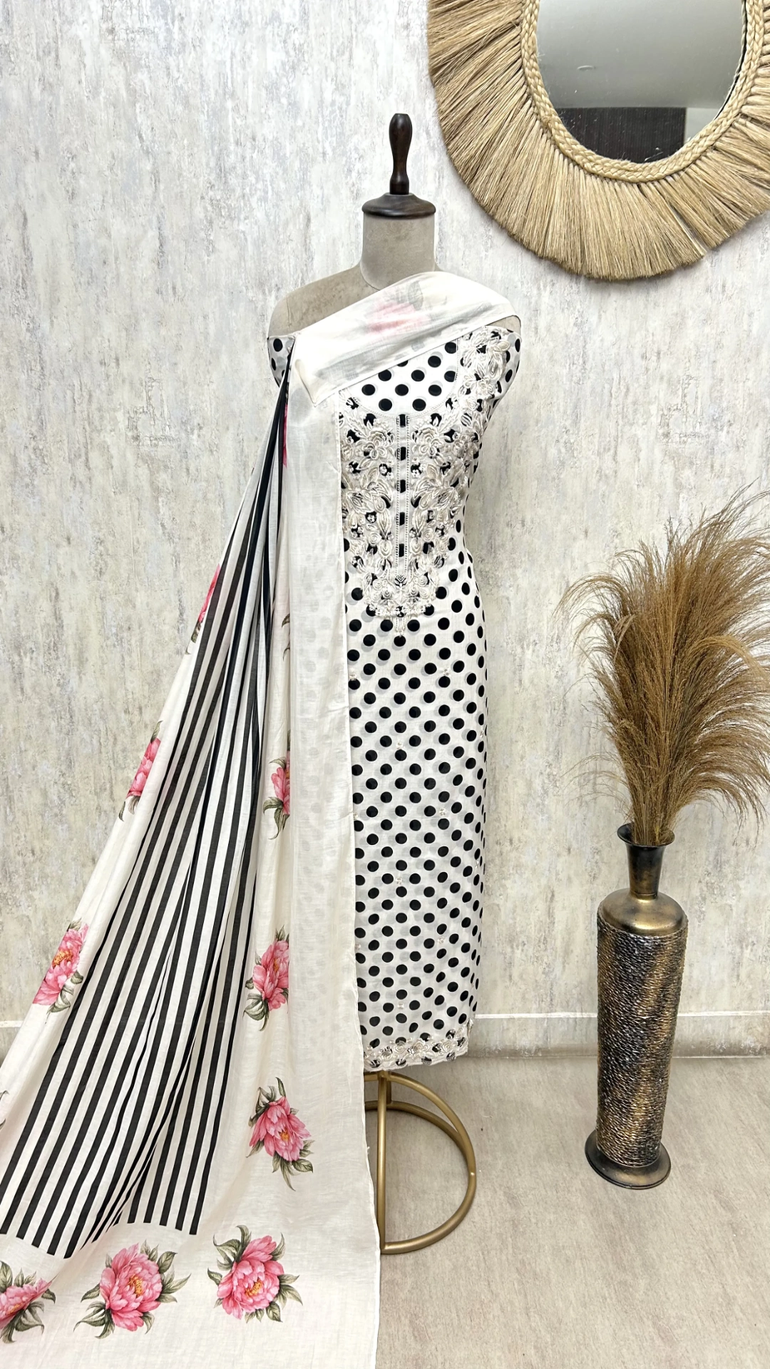 Floral Polka Mul chanderi Unstitched suit