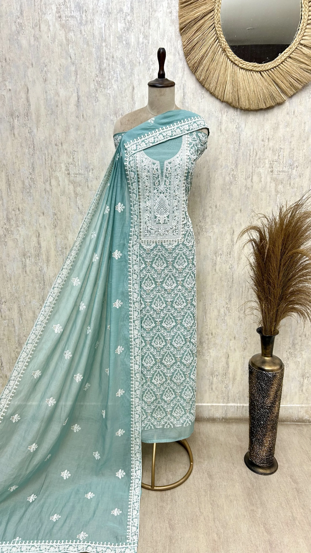 Mint Chikankari Grace mul cotton Unstitched suit