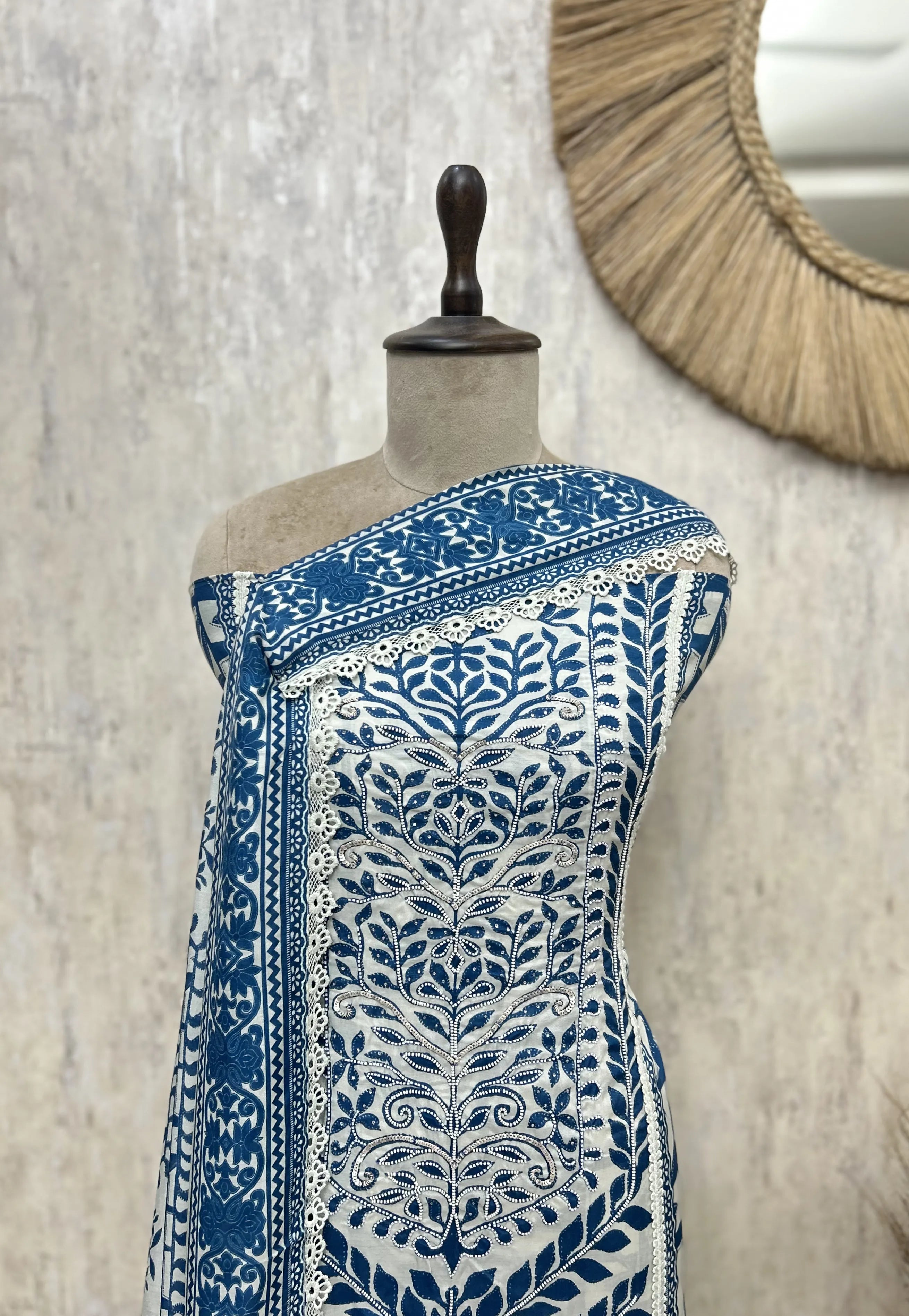 Indigo Embroidered Elegance Muslin Unstitched suit