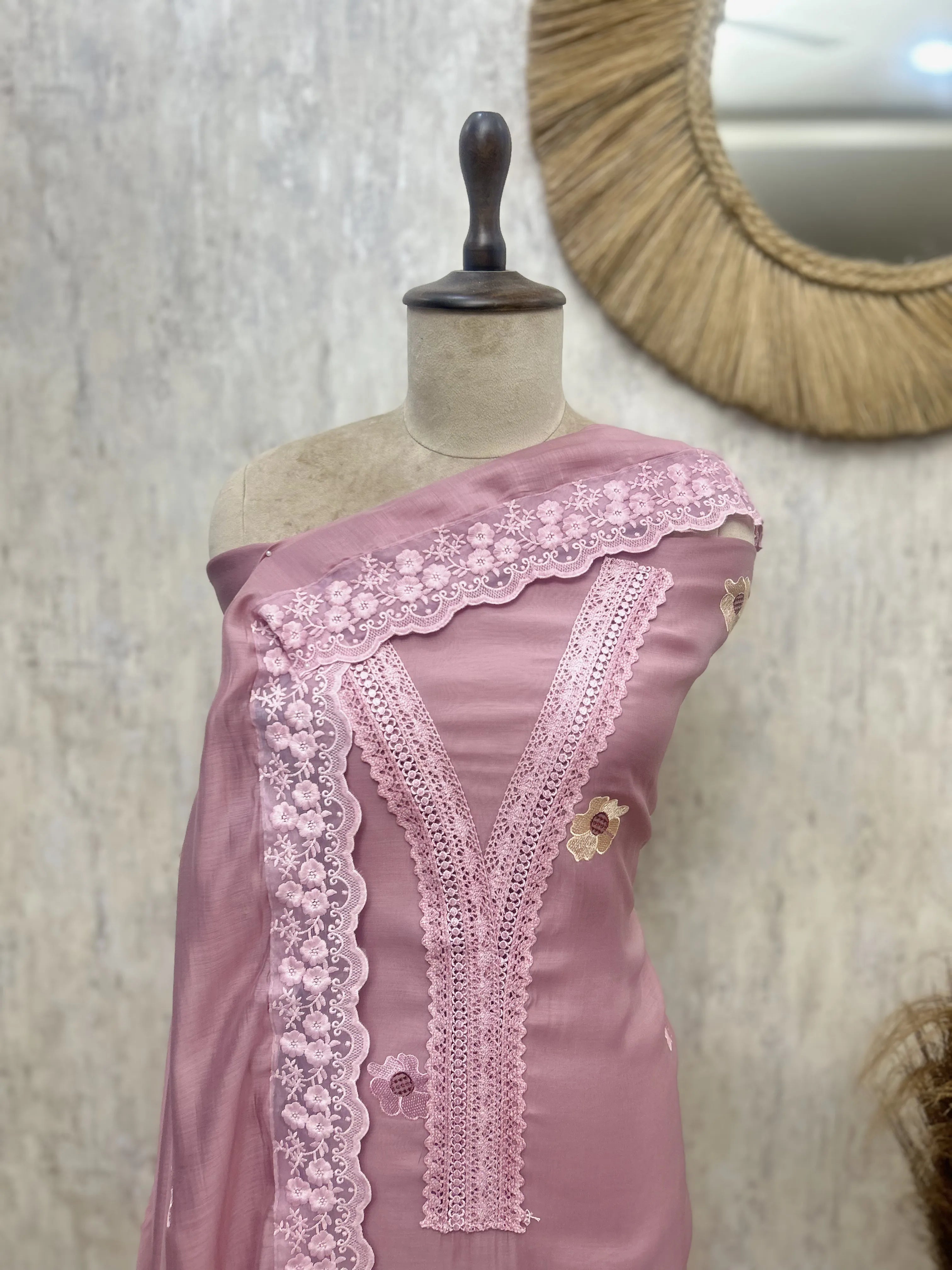 Floral Lace Garden Mul Chanderi Unstitched Suit