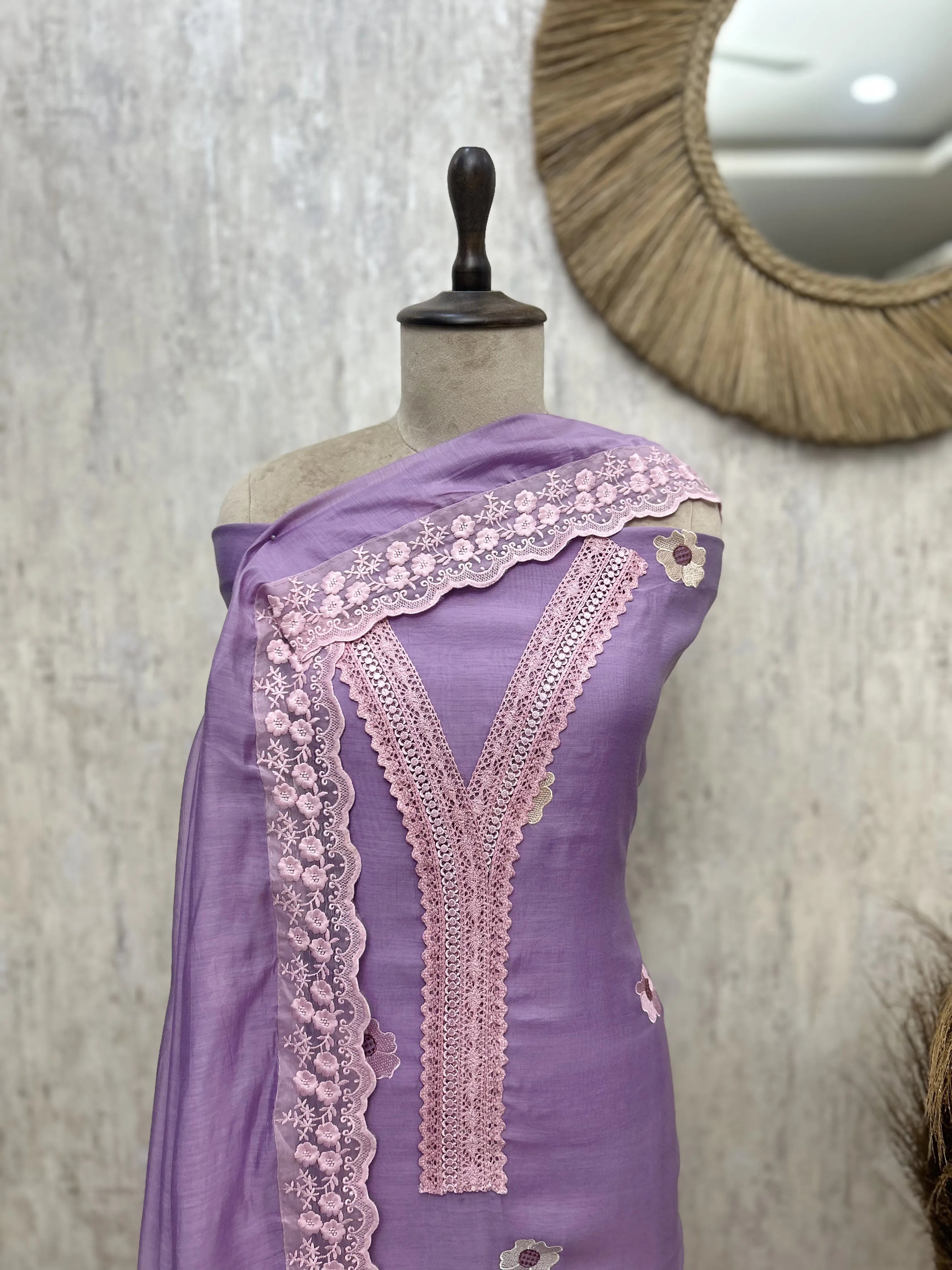 Floral Lace Garden Mul Chanderi Unstitched Suit