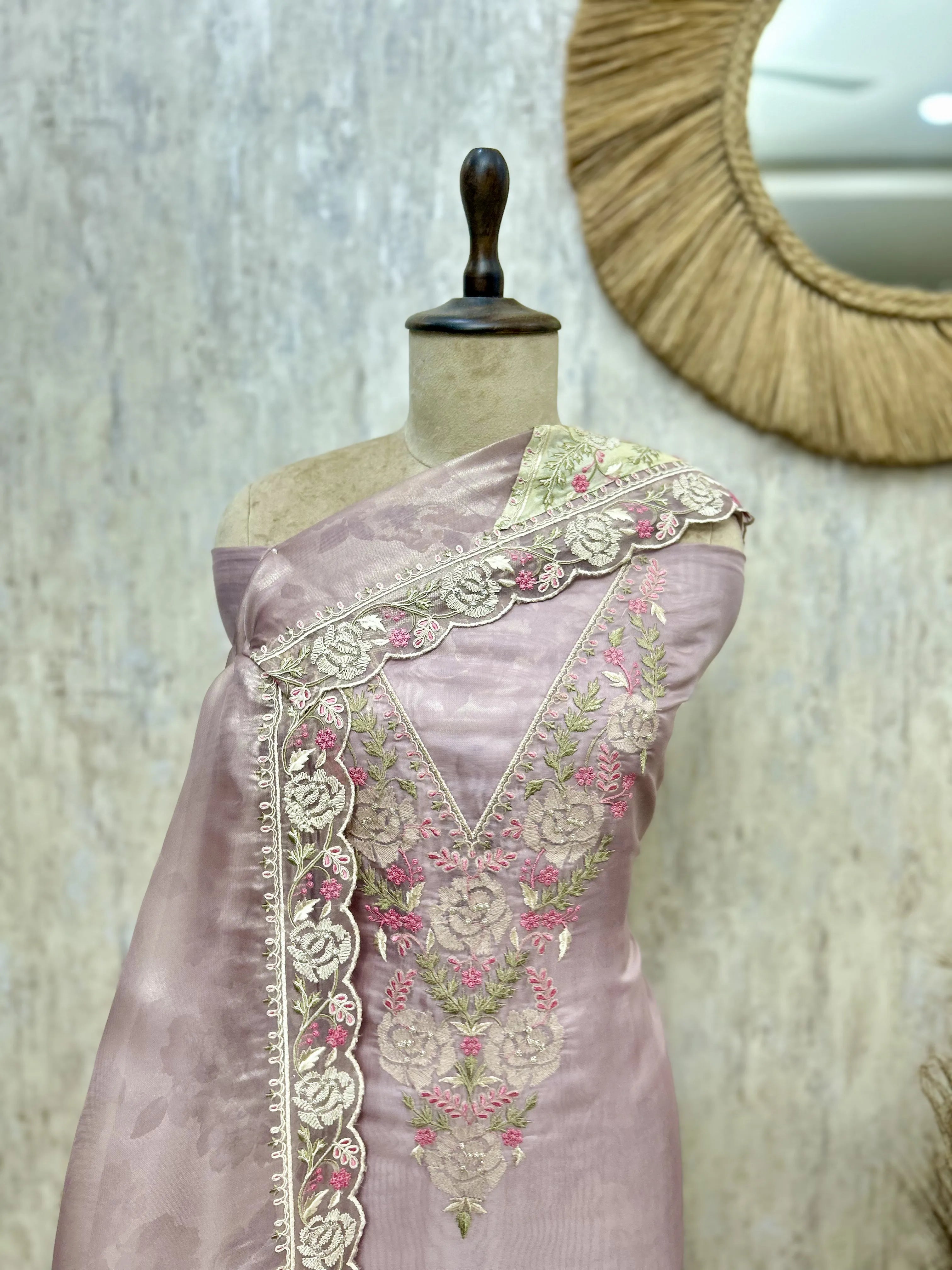 Rose Embroidered Glass Organza Unstitched Suit