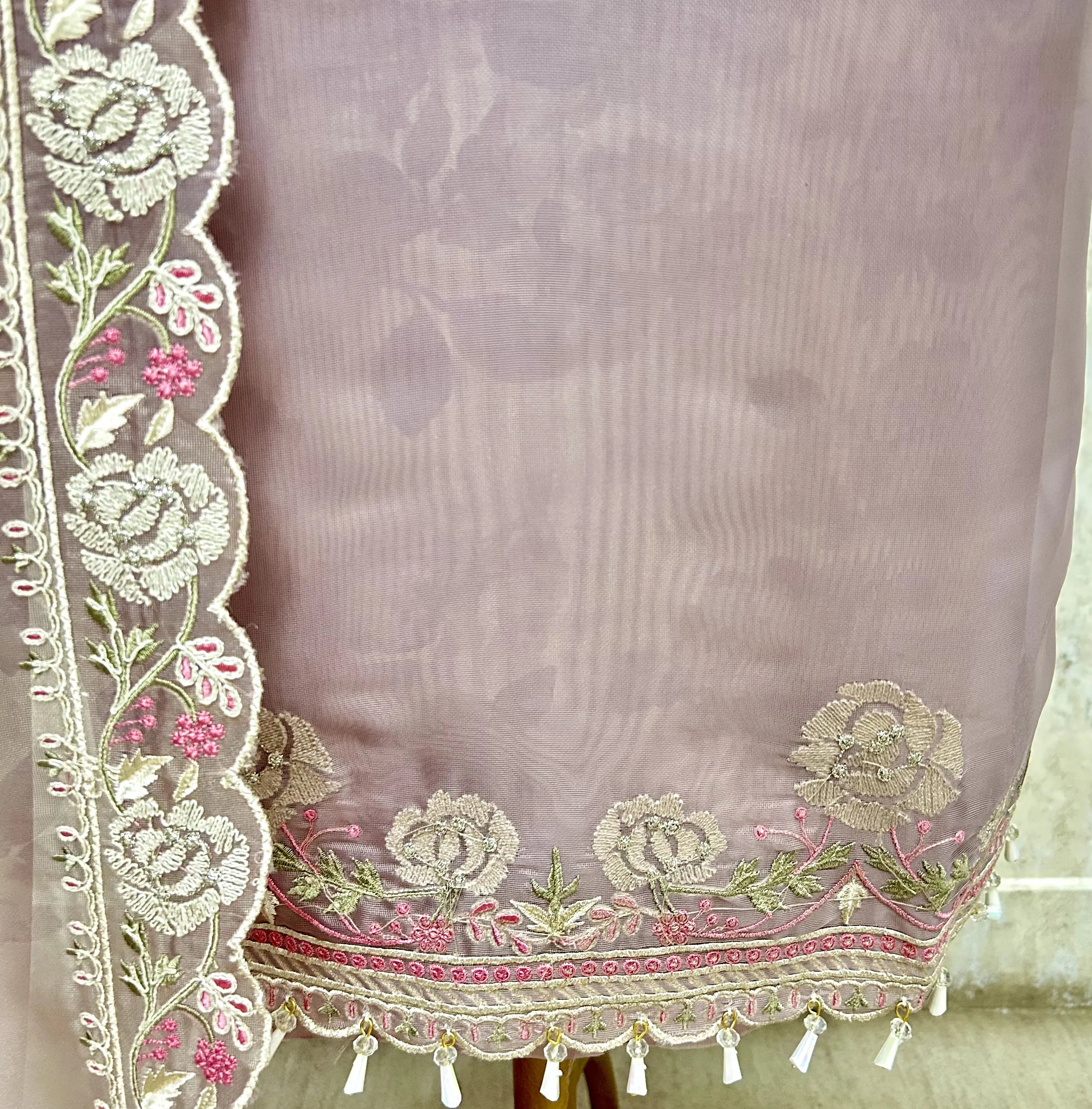 Rose Embroidered Glass Organza Unstitched Suit