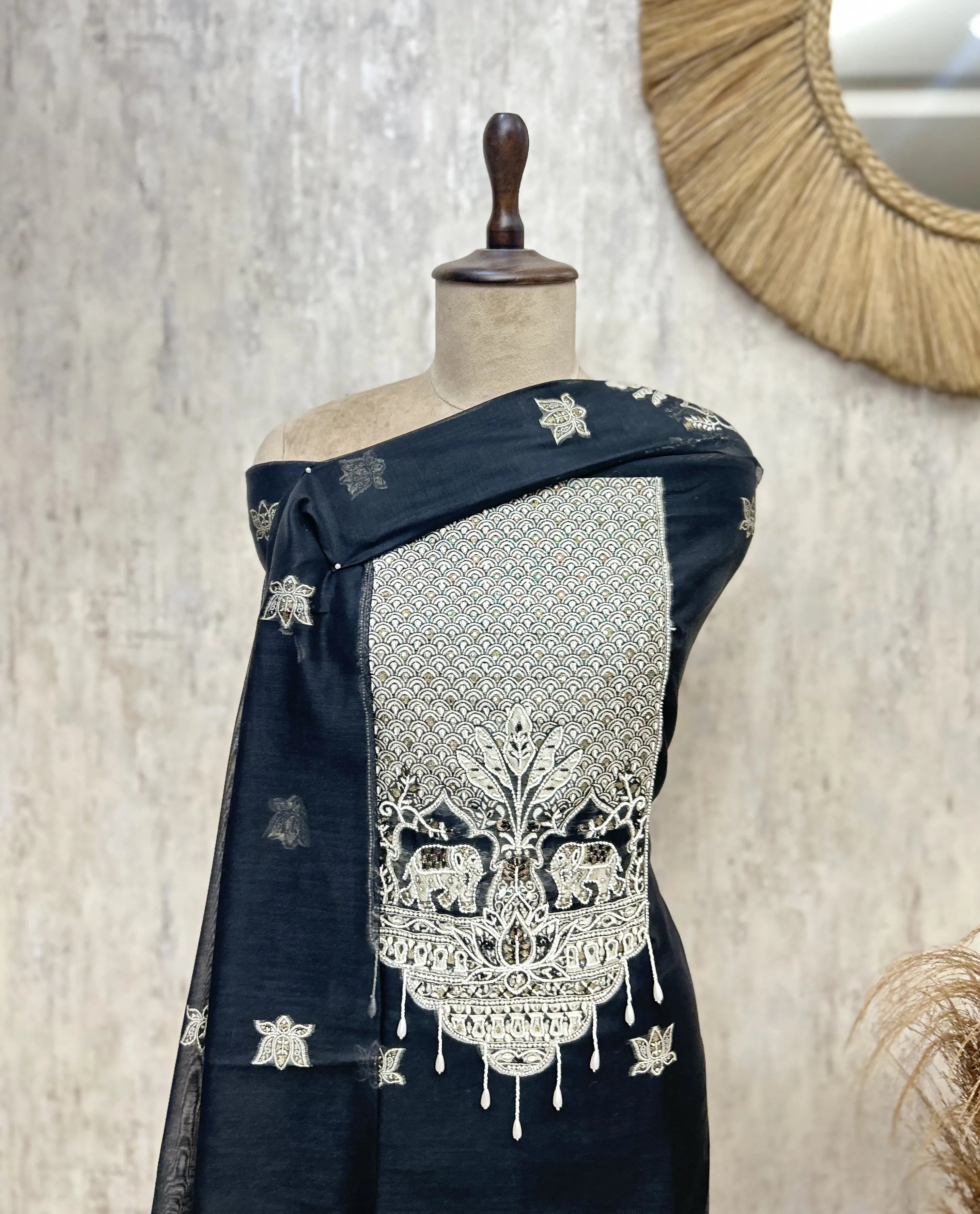 Fine Cotton Chanderi Unstitched Suit with Elephant Motifs