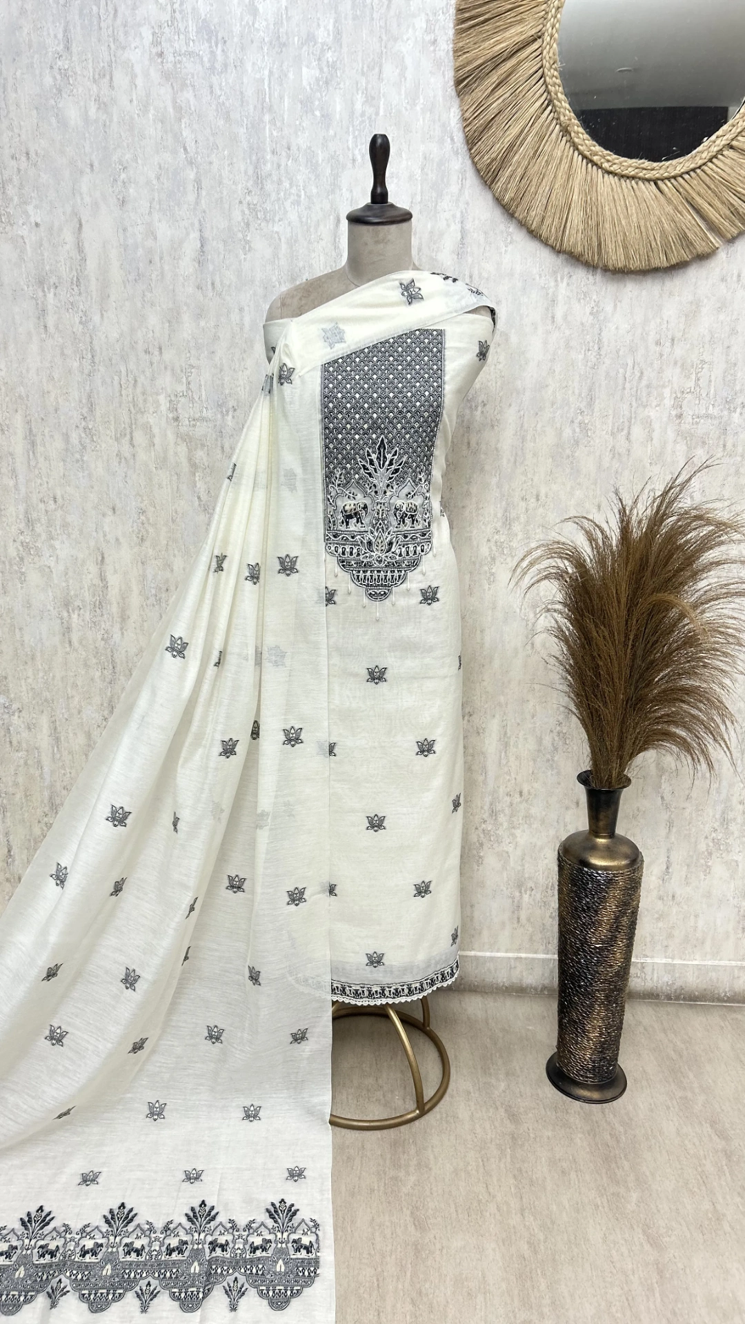 Fine Cotton Chanderi Unstitched Suit with Elephant Motifs
