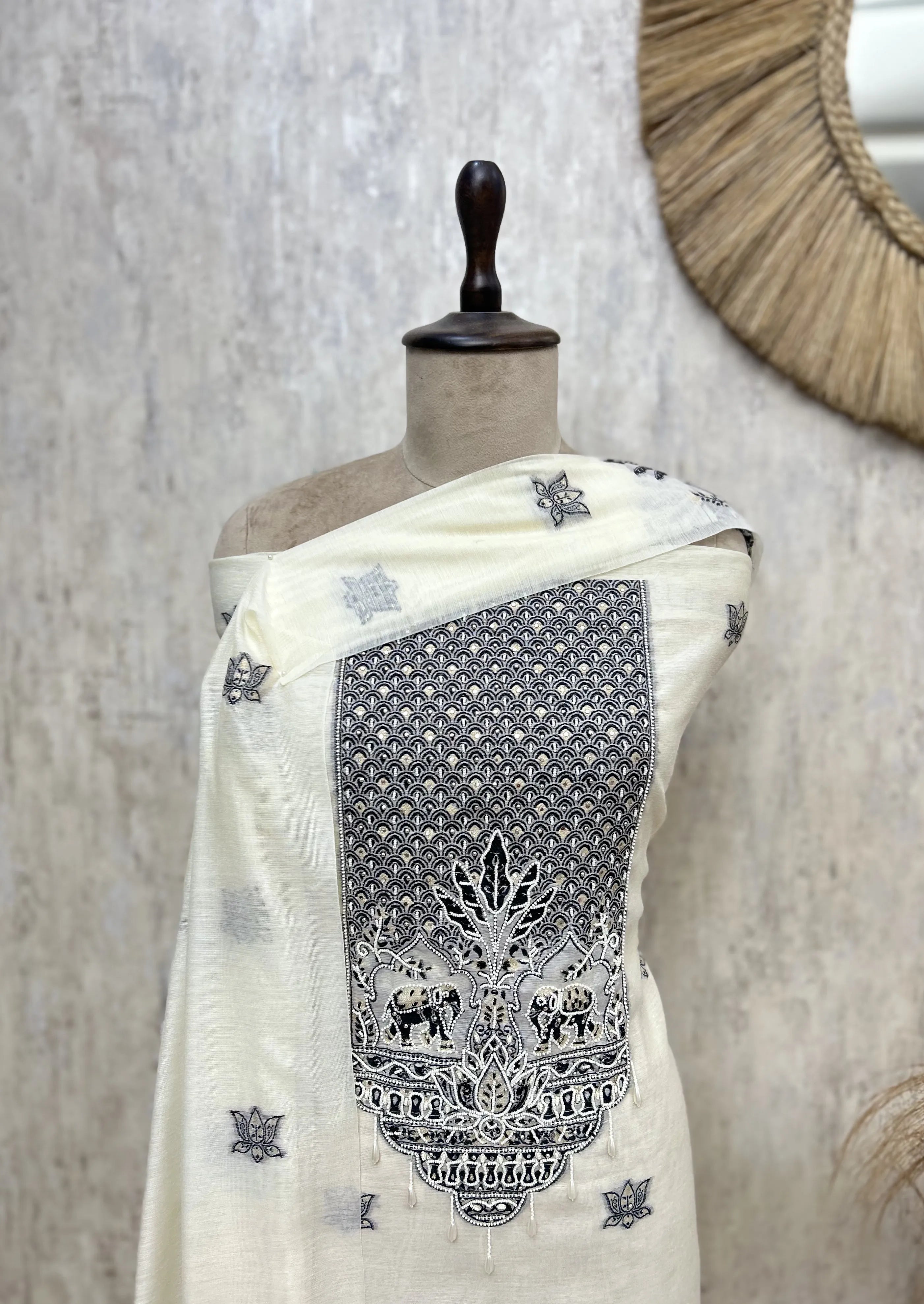 Fine Cotton Chanderi Unstitched Suit with Elephant Motifs