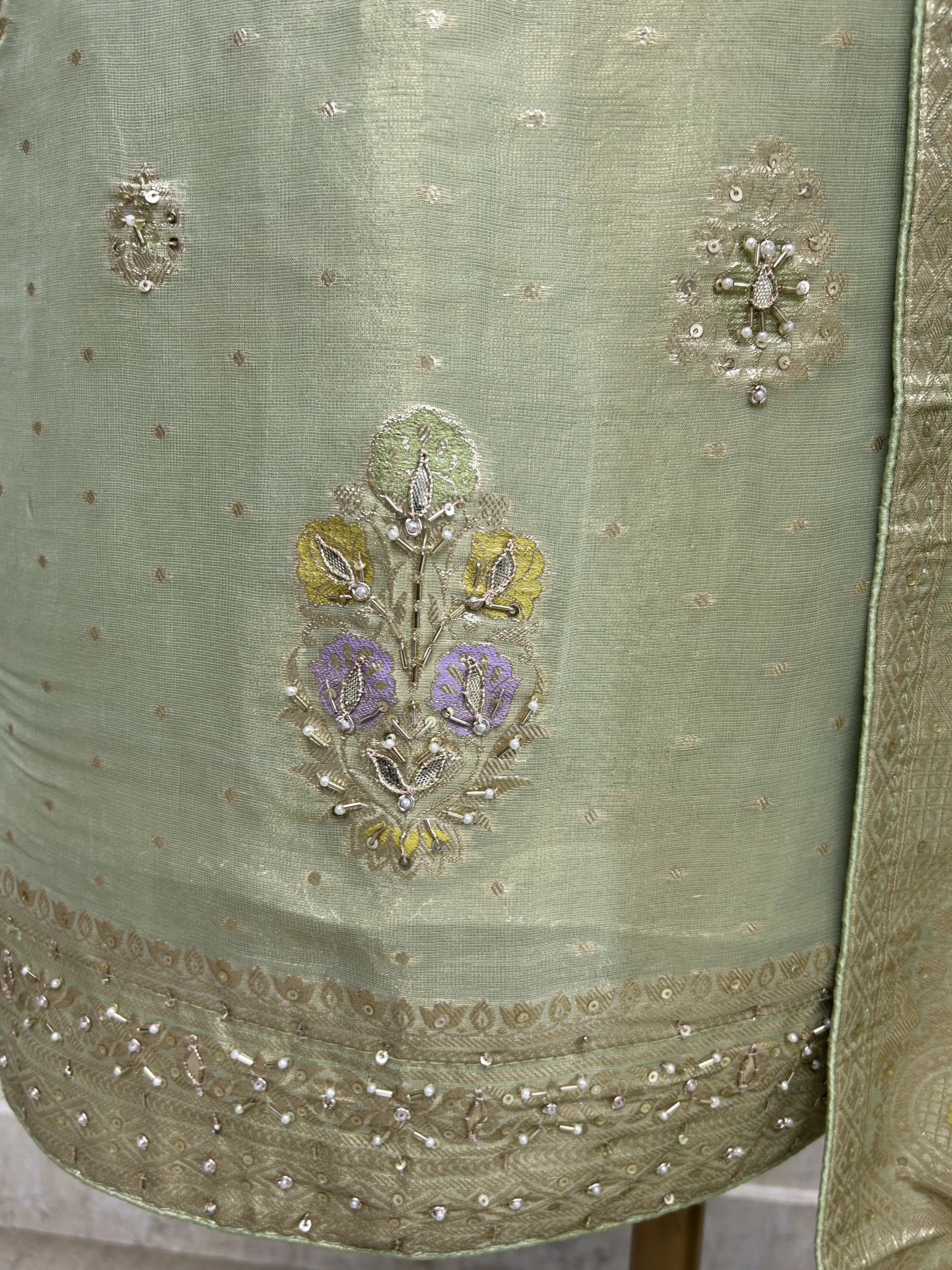 Hand Embroidered Tissue Unstitched Suit Set