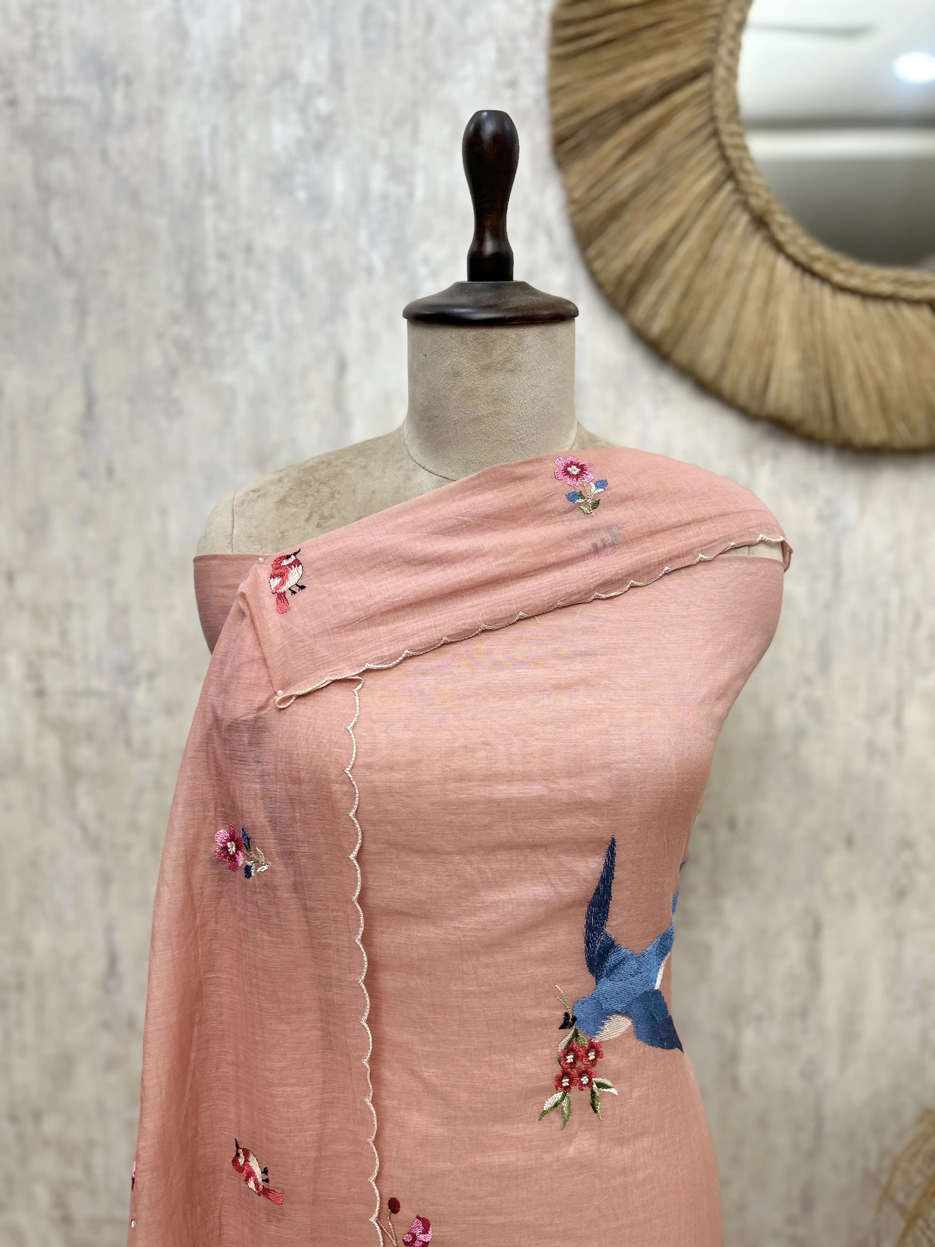 Graceful Mul Unsitched Suit with Bird Motif