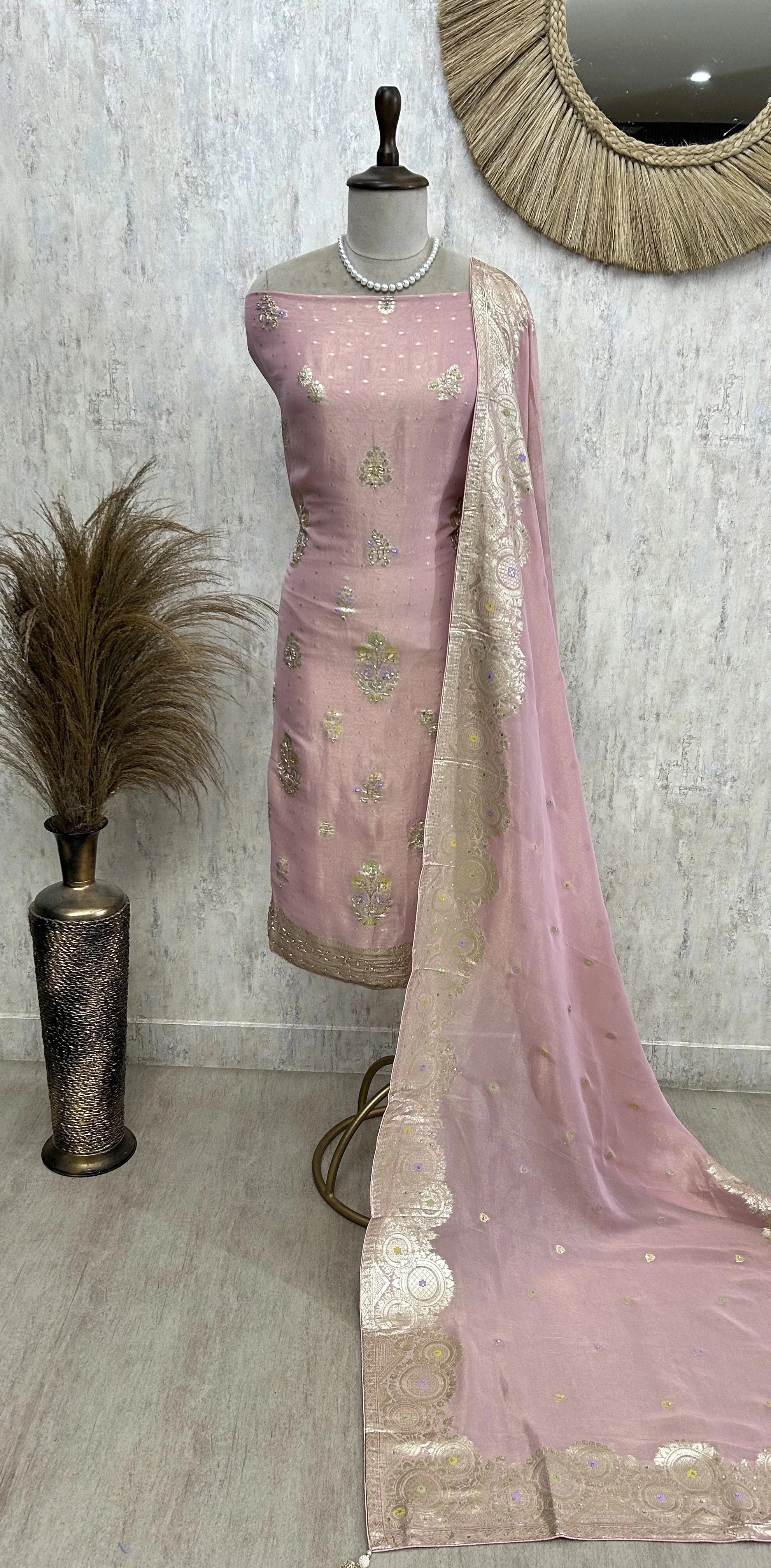 Hand Embroidered Tissue Unstitched Suit Set