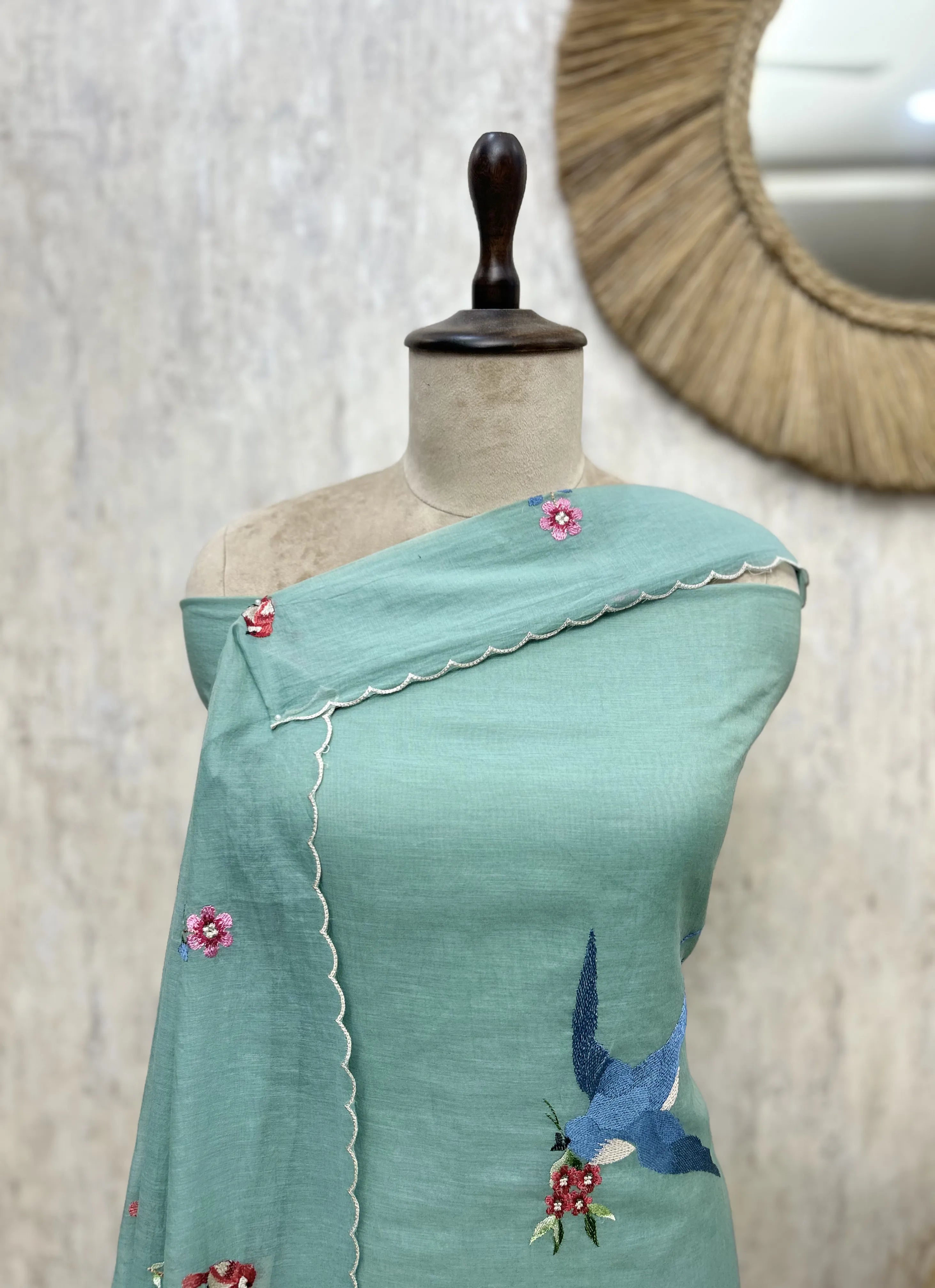 Graceful Mul Unsitched Suit with Bird Motif