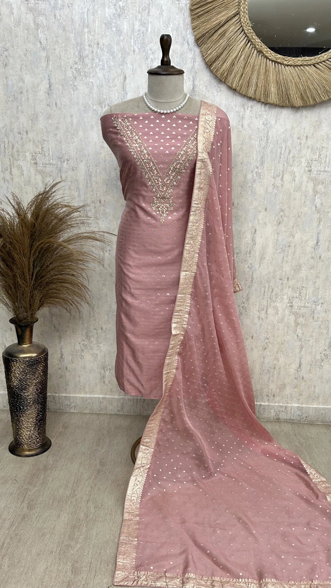 Maheshwari Unstitched Suit Set With Zardozi Work on Neckline